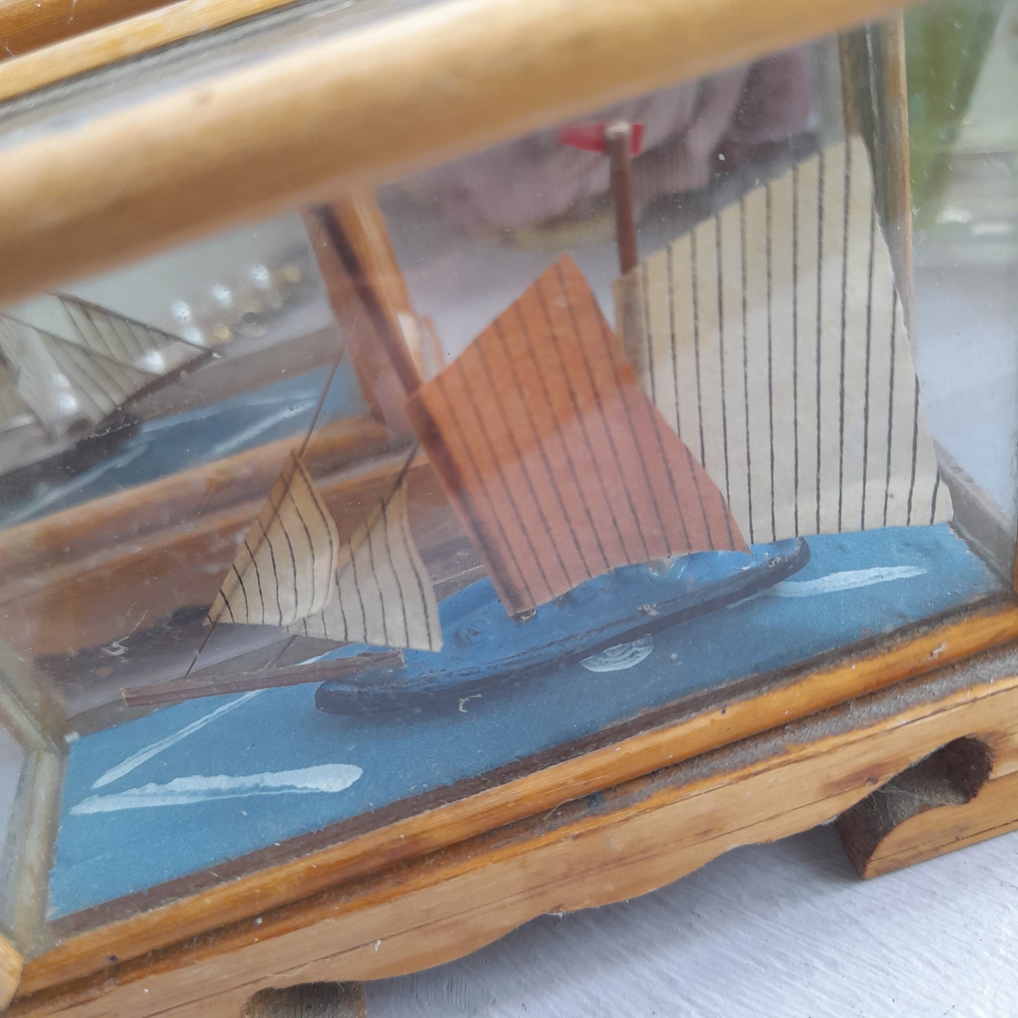 Darling Pair of 1950s Miniature Sailing Boat Ships in Bamboo & Glass Case