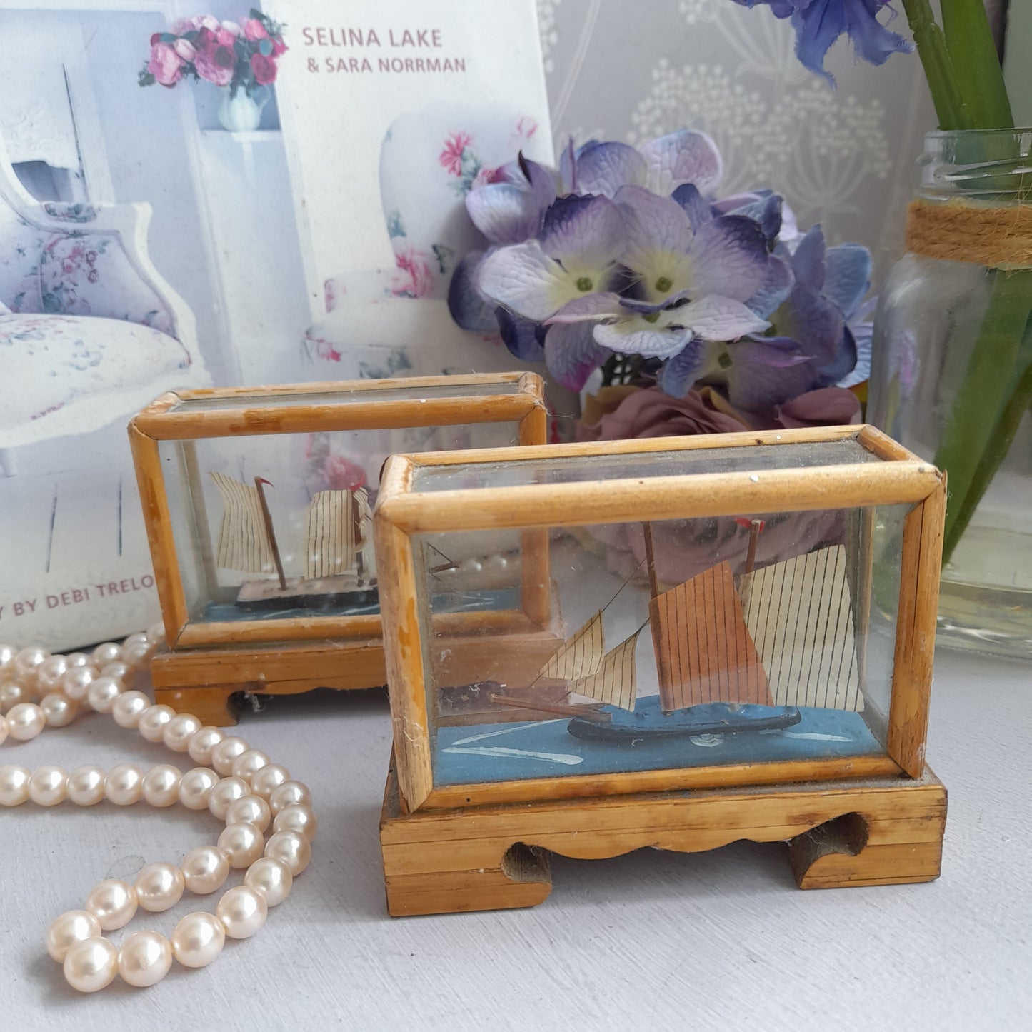 Darling Pair of 1950s Miniature Sailing Boat Ships in Bamboo & Glass Case