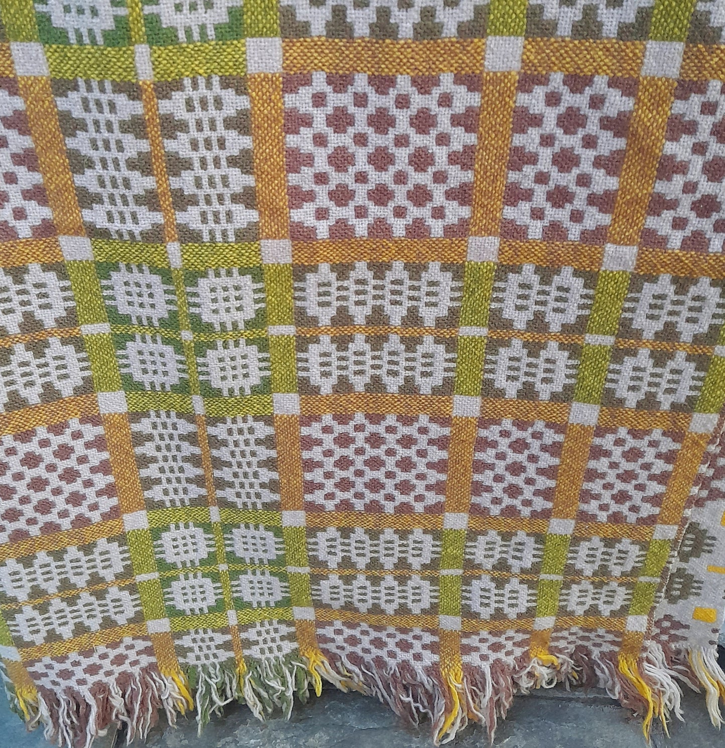 Vintage Welsh Tapestry Blanket in Green Cream Taupe & Pop of Yellow