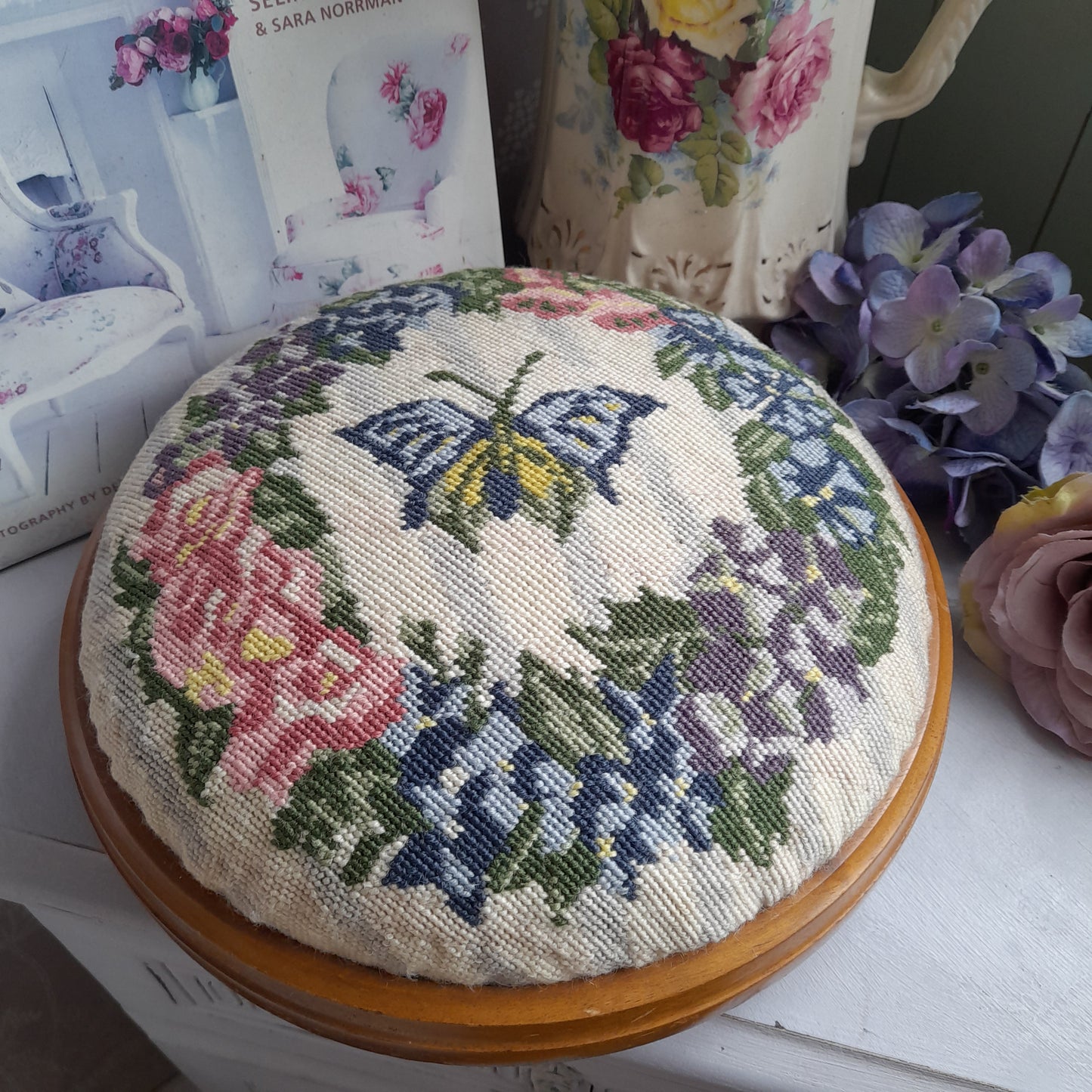 Darling Vintage Round Footstool With Needlepoint Butterfly & Flowers