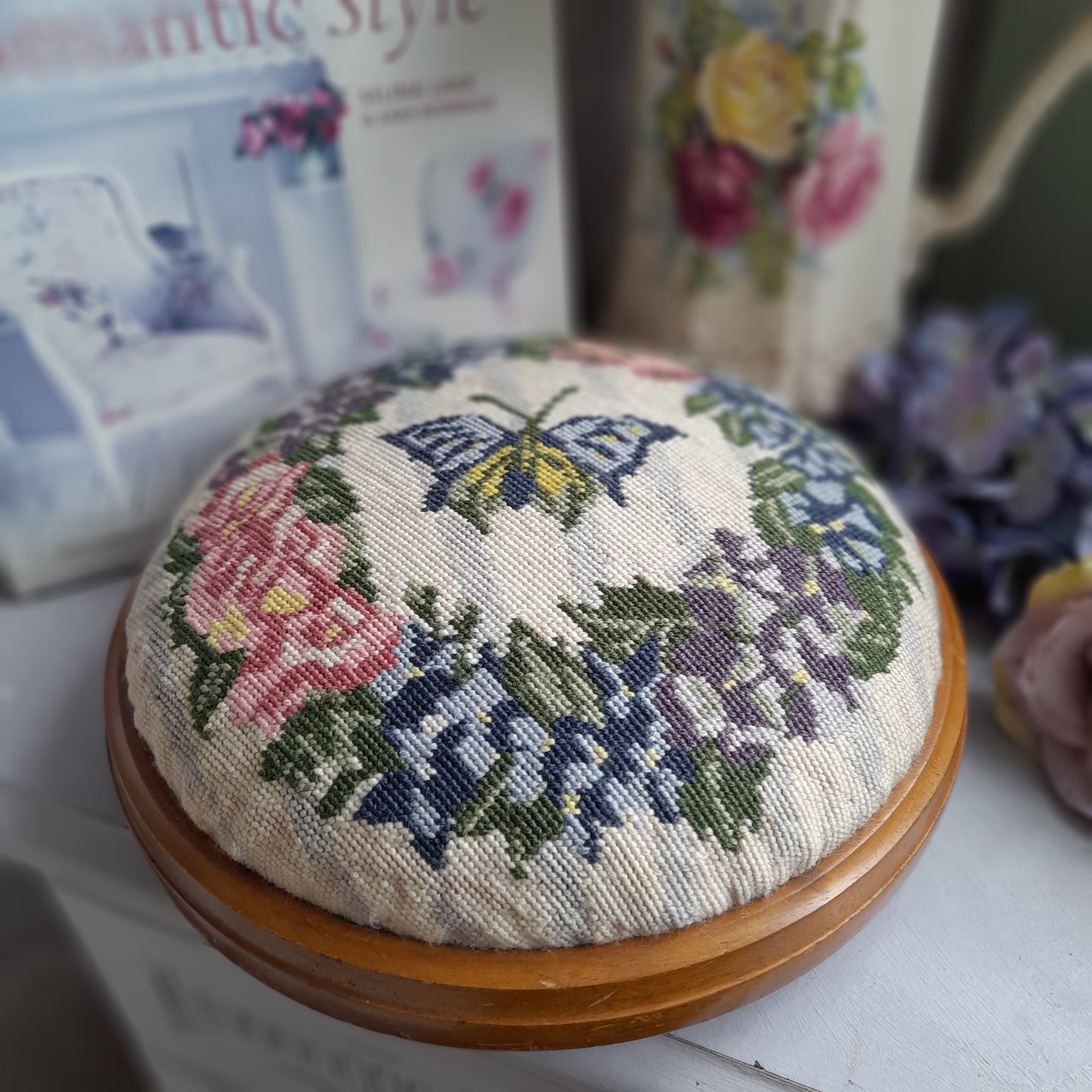 Darling Vintage Round Footstool With Needlepoint Butterfly & Flowers