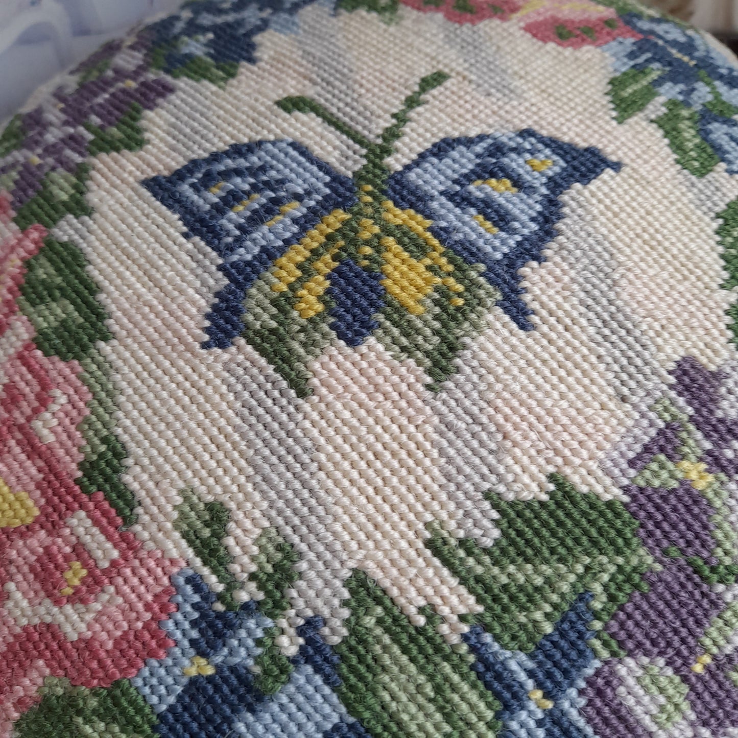 Darling Vintage Round Footstool With Needlepoint Butterfly & Flowers