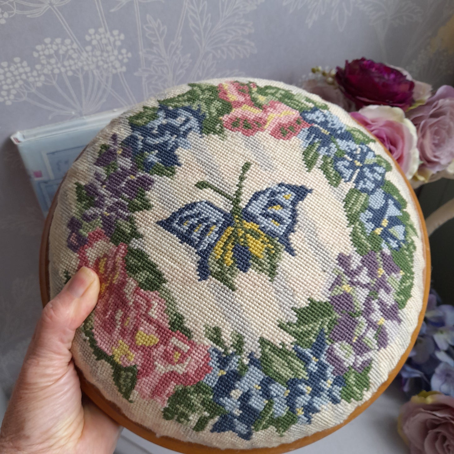 Darling Vintage Round Footstool With Needlepoint Butterfly & Flowers