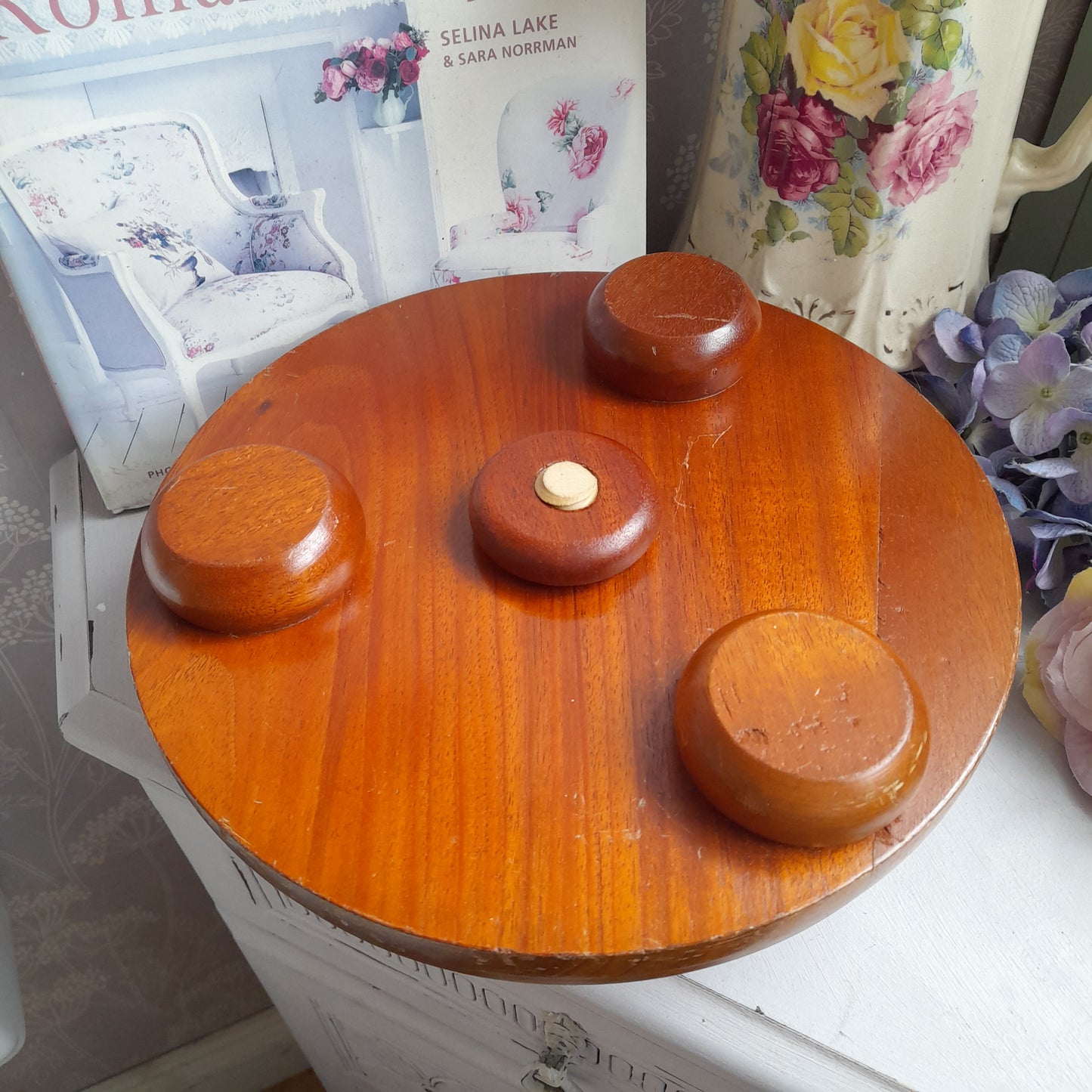 Darling Vintage Round Footstool With Needlepoint Butterfly & Flowers