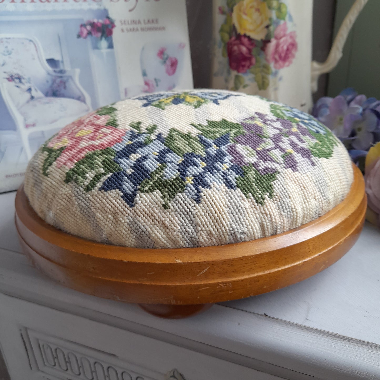 Darling Vintage Round Footstool With Needlepoint Butterfly & Flowers