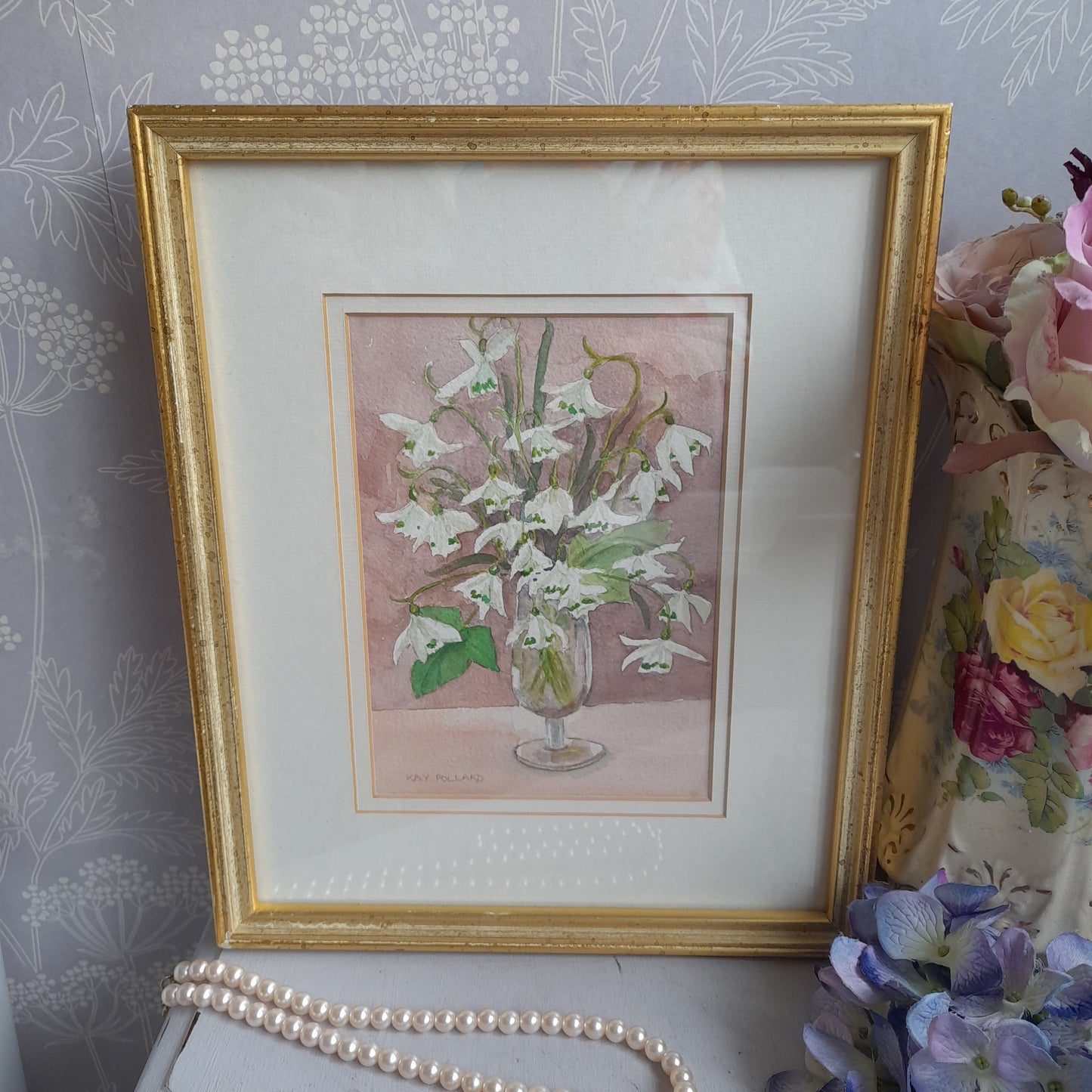 Sweet Little Original Watercolour 'Snowdrops' Painting Framed & Signed