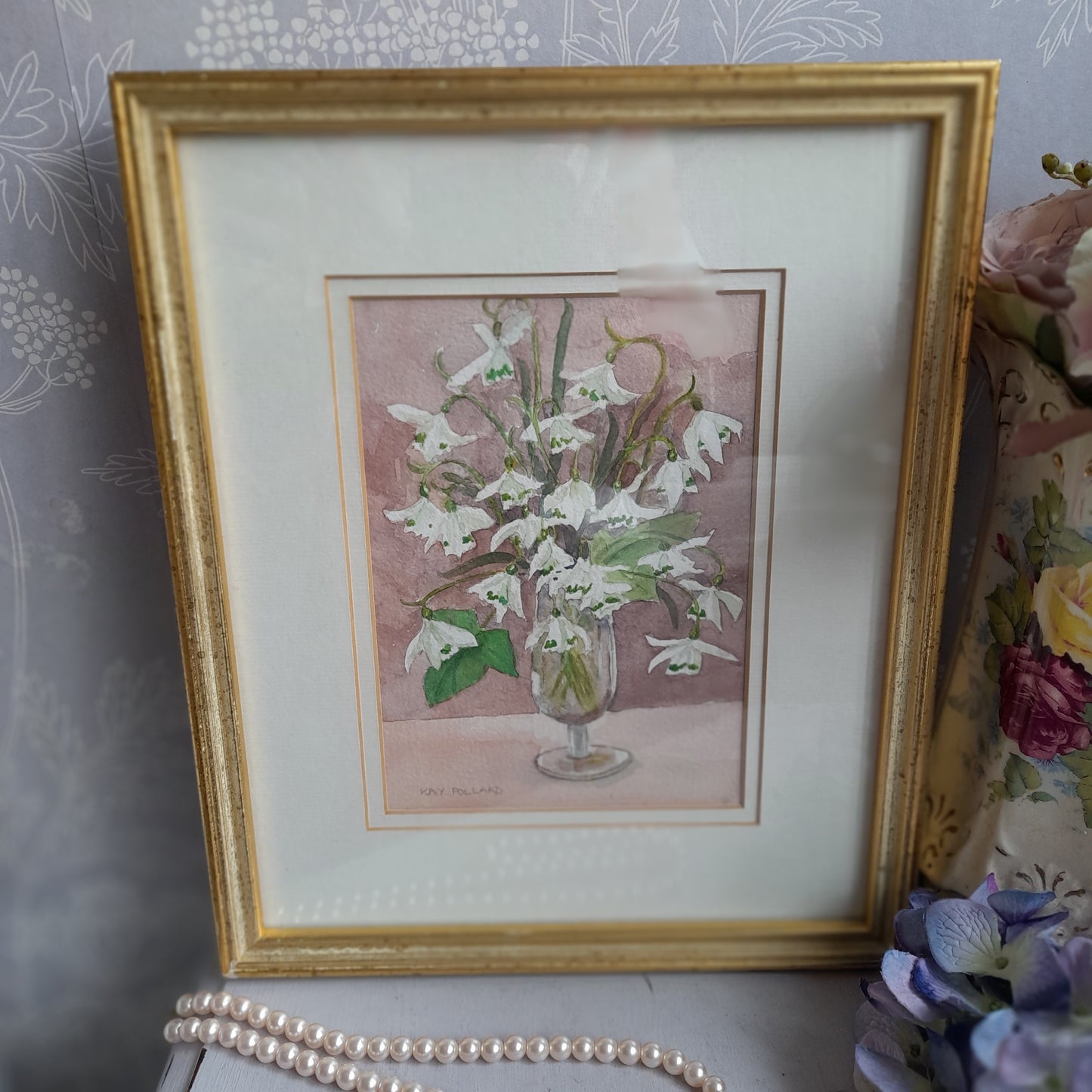 Sweet Little Original Watercolour 'Snowdrops' Painting Framed & Signed