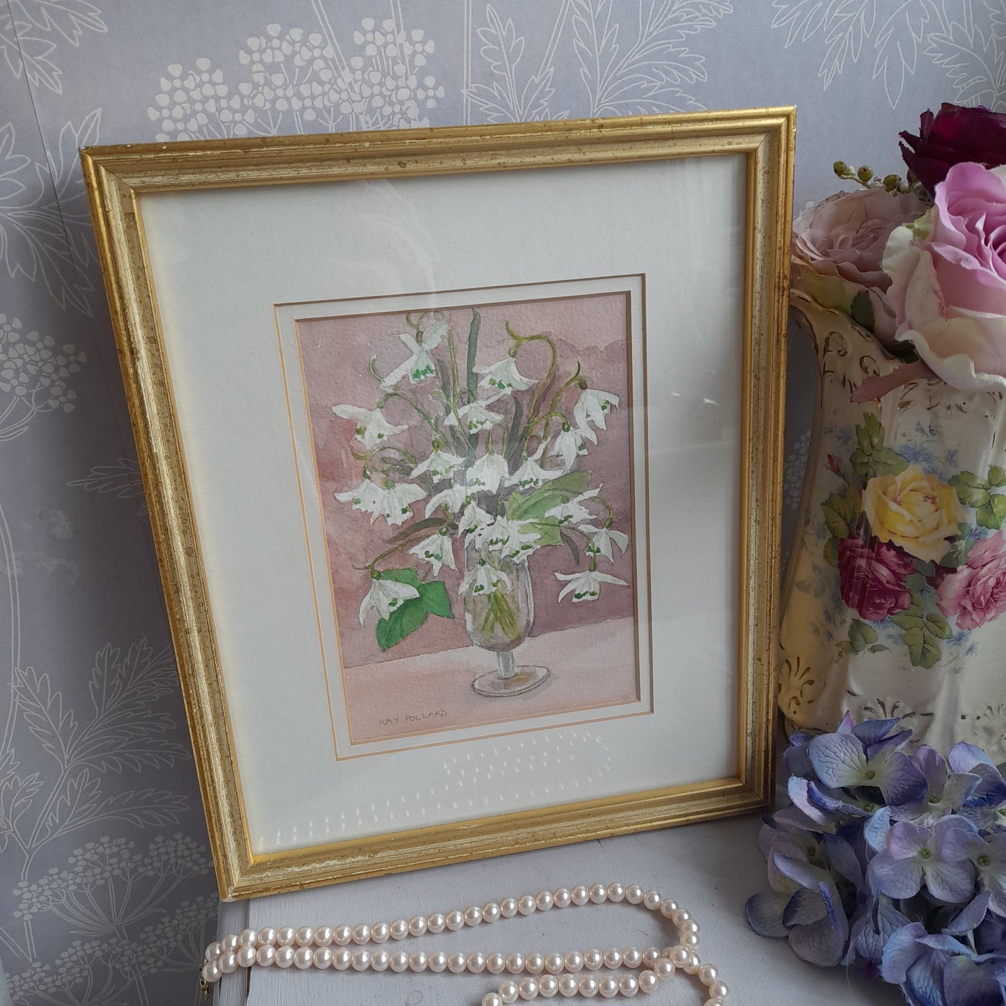 Sweet Little Original Watercolour 'Snowdrops' Painting Framed & Signed