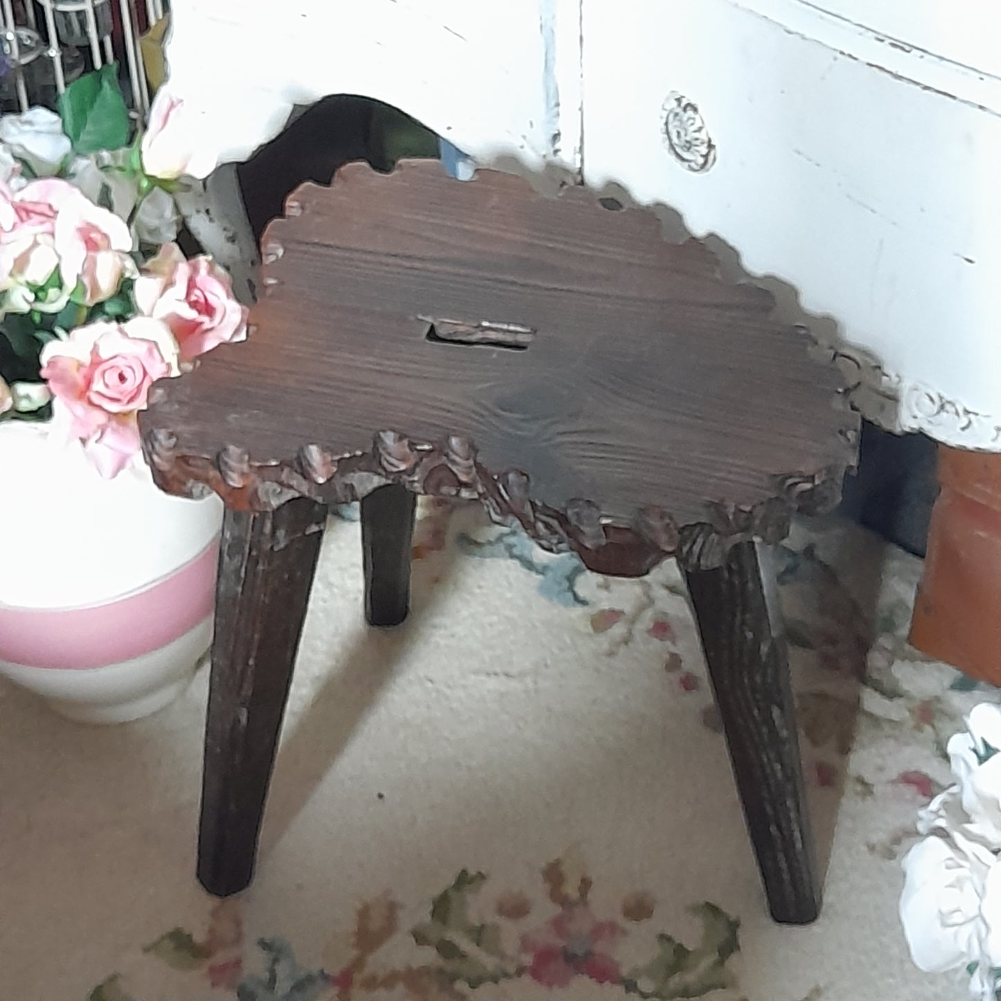 Large Vintage Rustic Wooden 3 Legged French Milking Stool