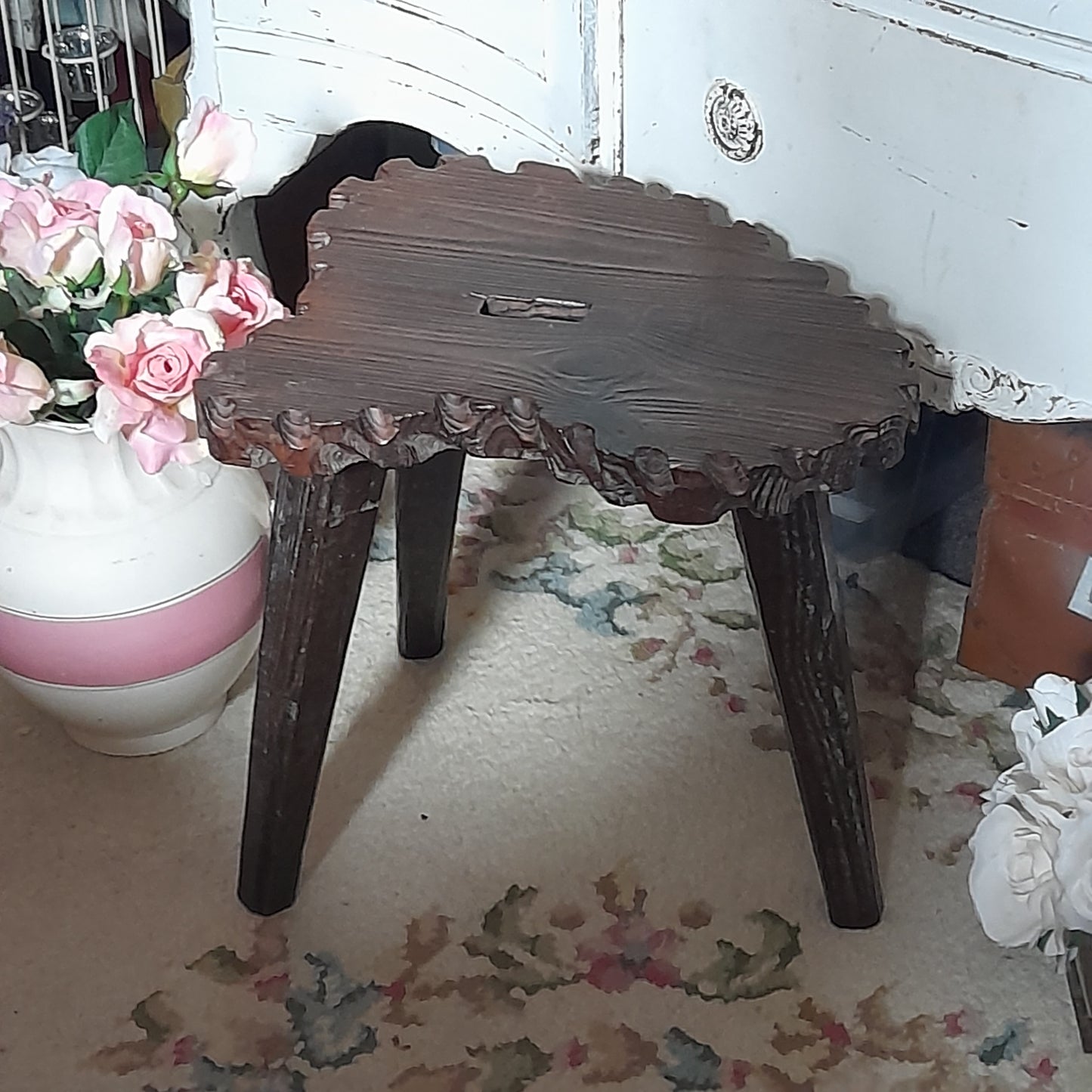 Large Vintage Rustic Wooden 3 Legged French Milking Stool