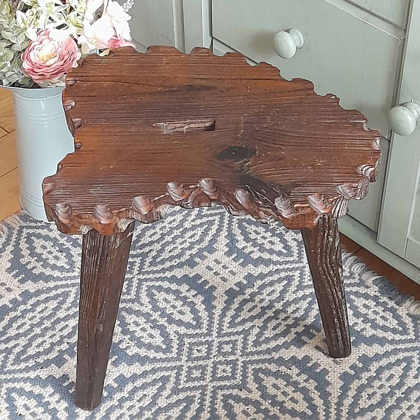 Large Vintage Rustic Wooden 3 Legged French Milking Stool