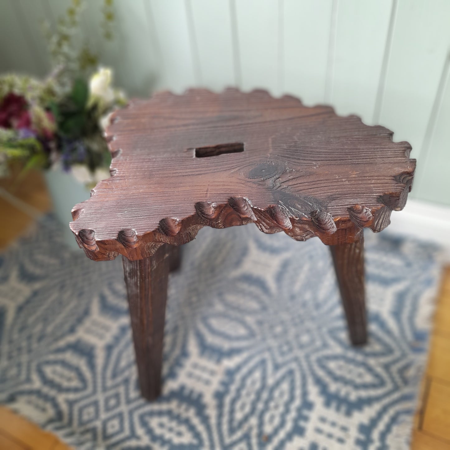 Large Vintage Rustic Wooden 3 Legged French Milking Stool