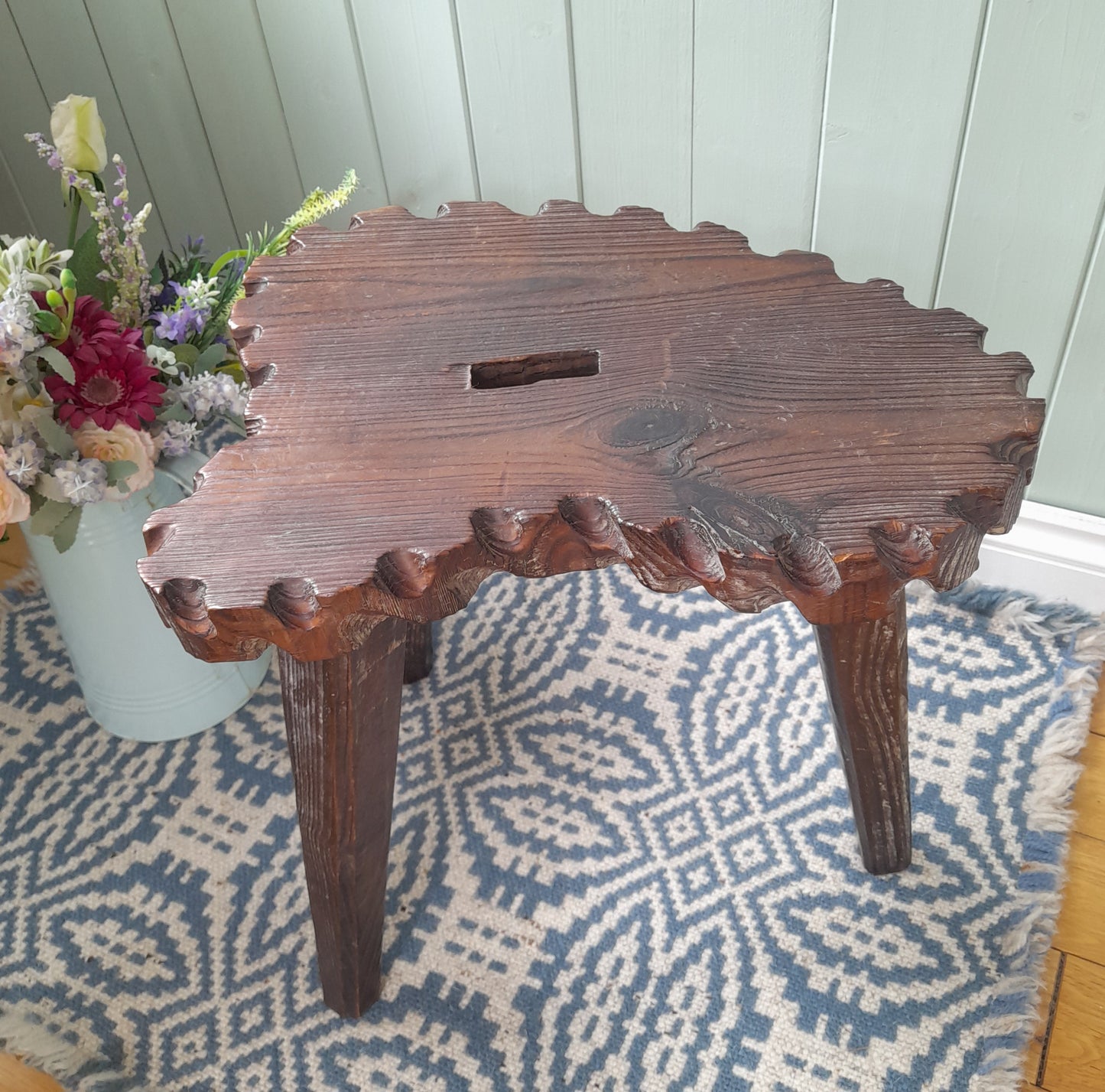 Large Vintage Rustic Wooden 3 Legged French Milking Stool