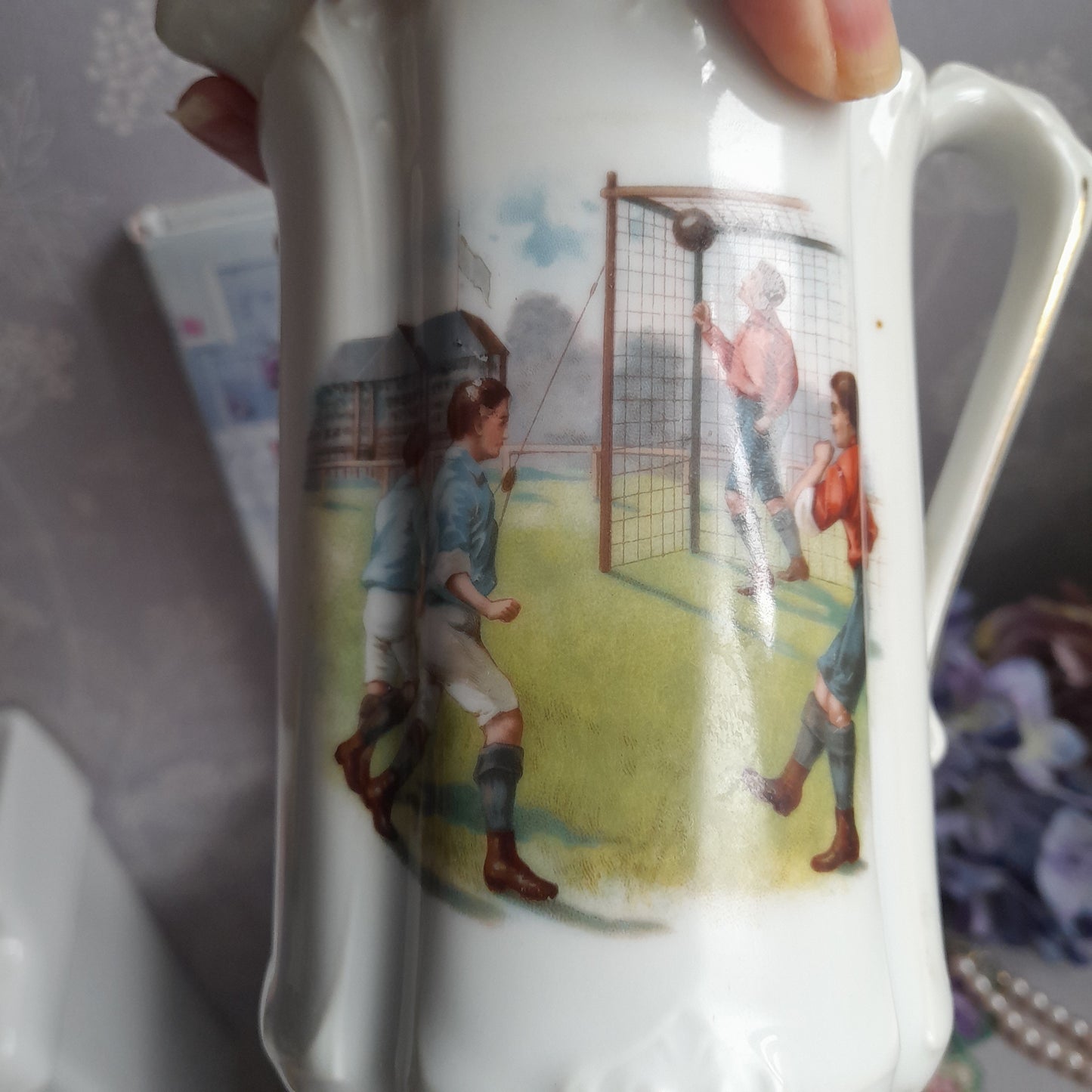 Rare Victorian Jug With Goal Scoring Football Player to Front