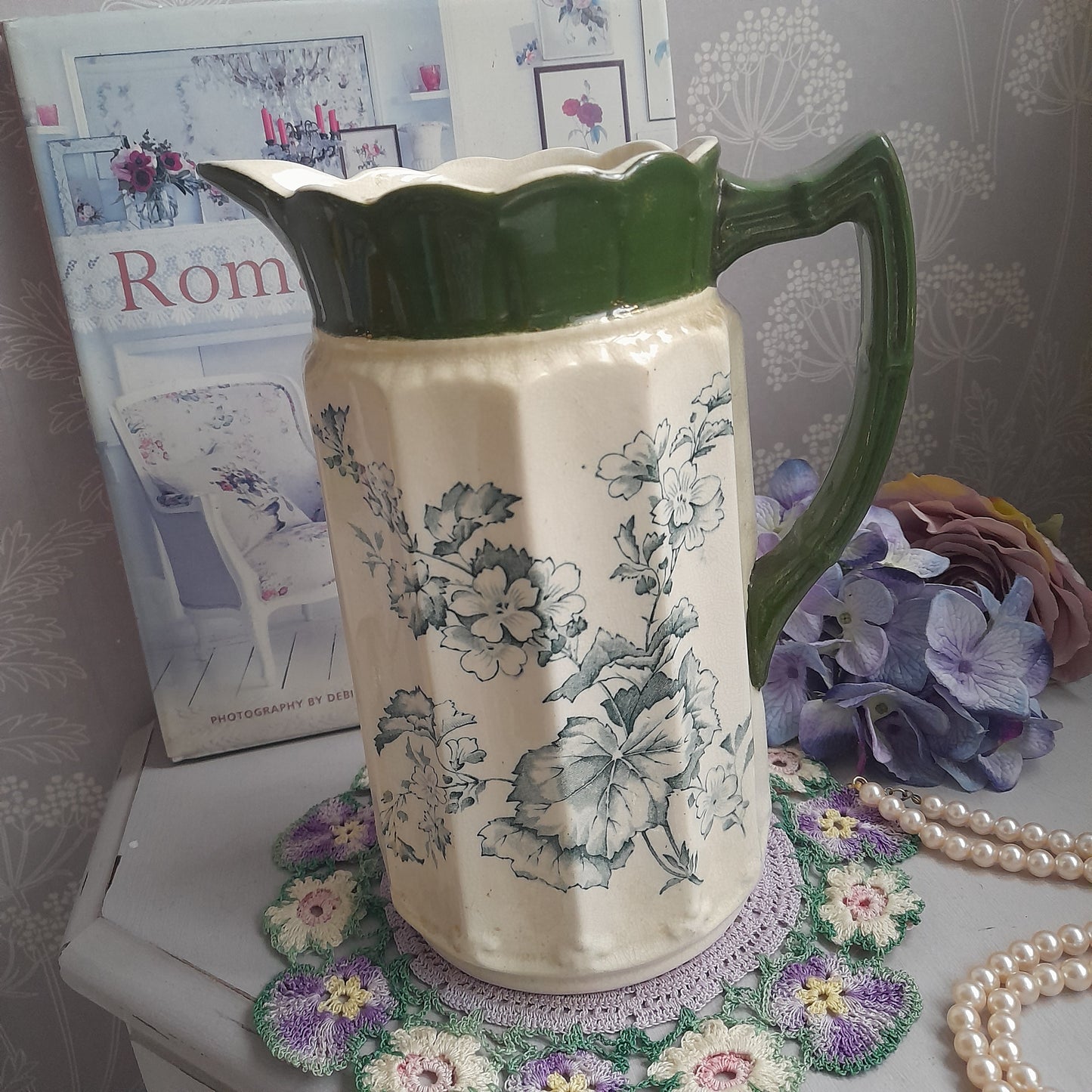 Art Nouveau Large Jug in Cream With Green Flowers & Scallop Edge Top