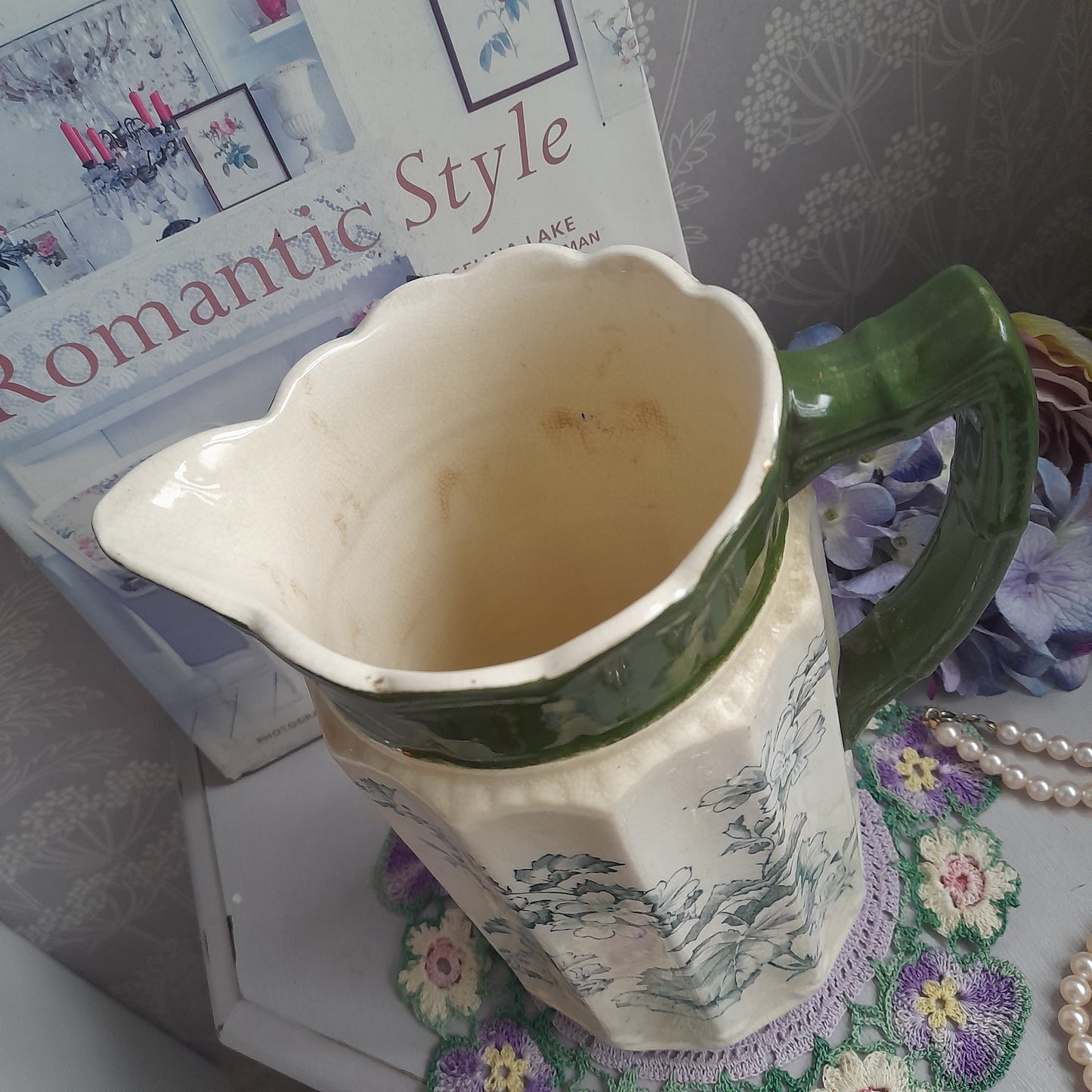 Art Nouveau Large Jug in Cream With Green Flowers & Scallop Edge Top