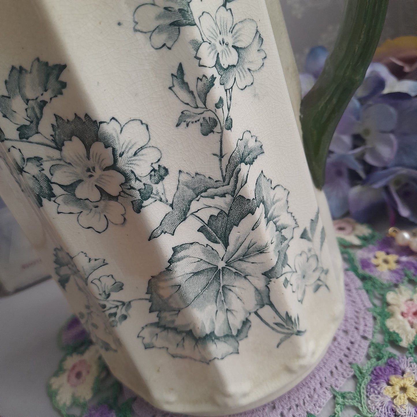 Art Nouveau Large Jug in Cream With Green Flowers & Scallop Edge Top