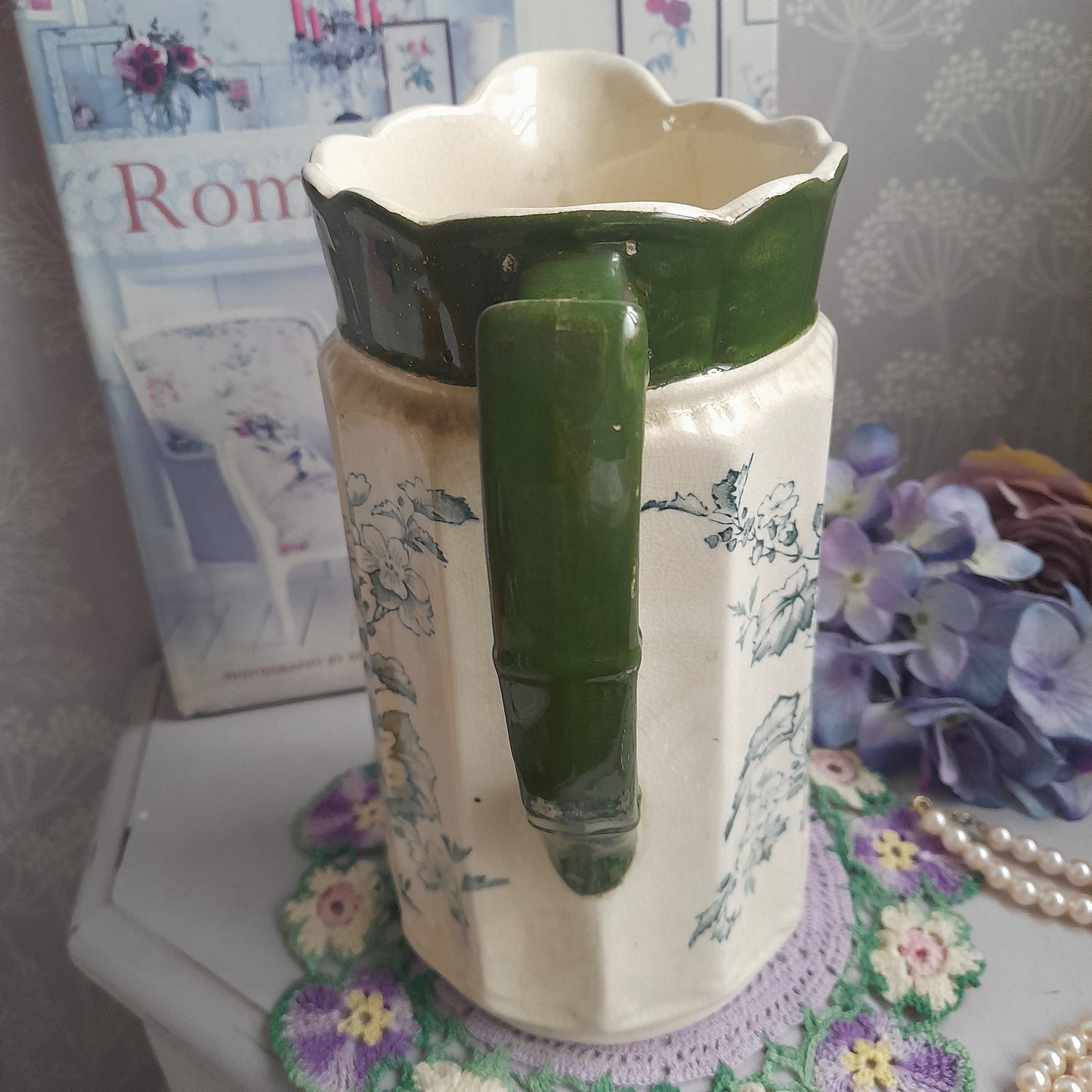 Art Nouveau Large Jug in Cream With Green Flowers & Scallop Edge Top