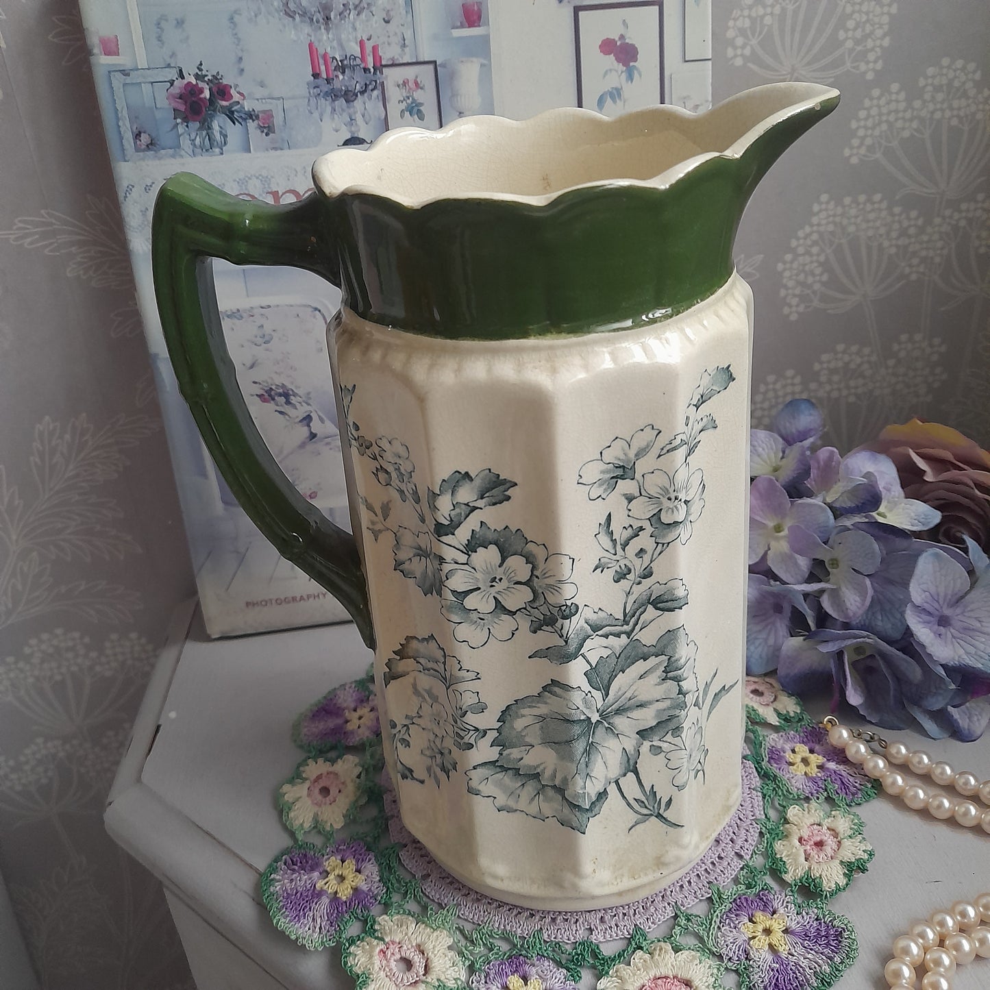 Art Nouveau Large Jug in Cream With Green Flowers & Scallop Edge Top