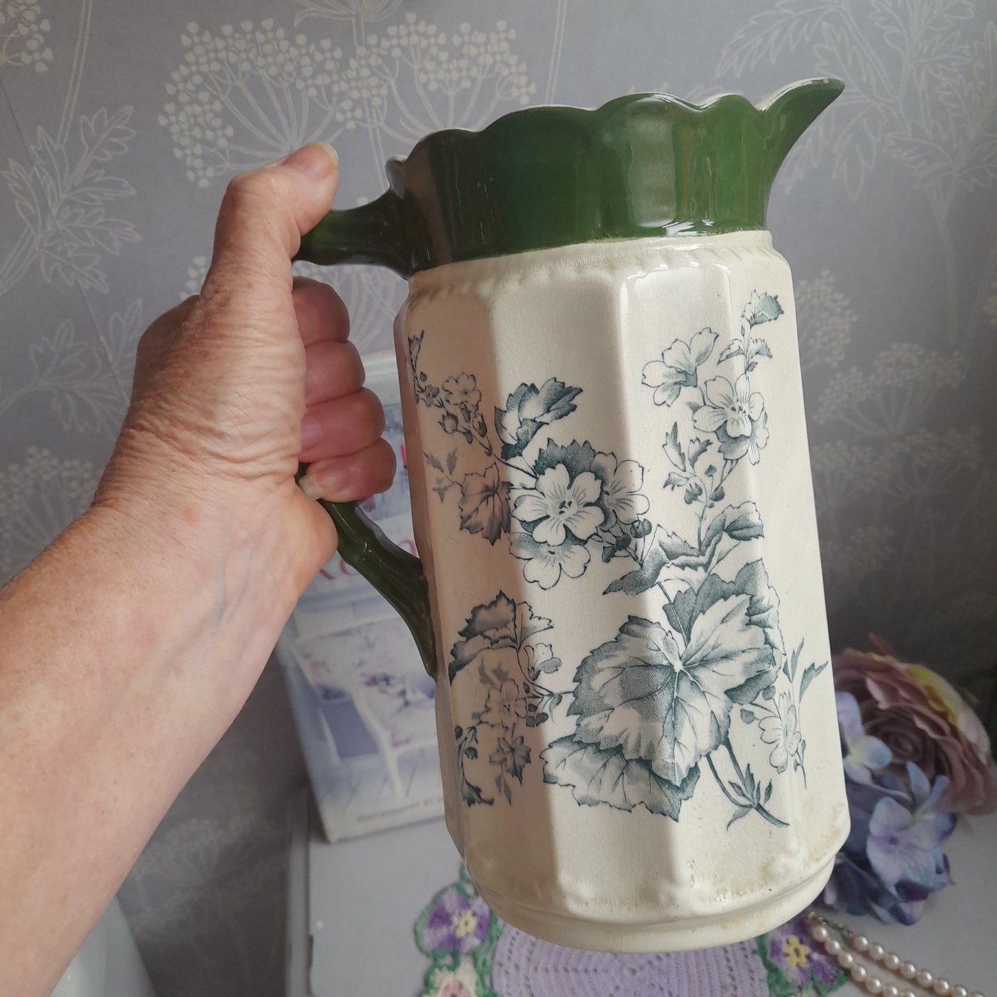 Art Nouveau Large Jug in Cream With Green Flowers & Scallop Edge Top