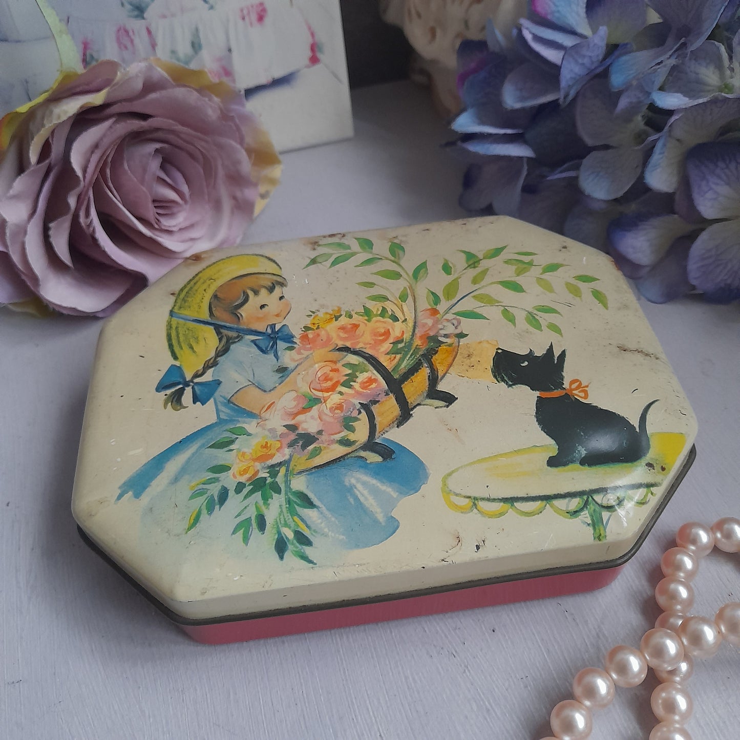 Sweet Retro Vintage Sweet Tin With Little Girl Carrying Flowers & Black Scotty Dog to Front