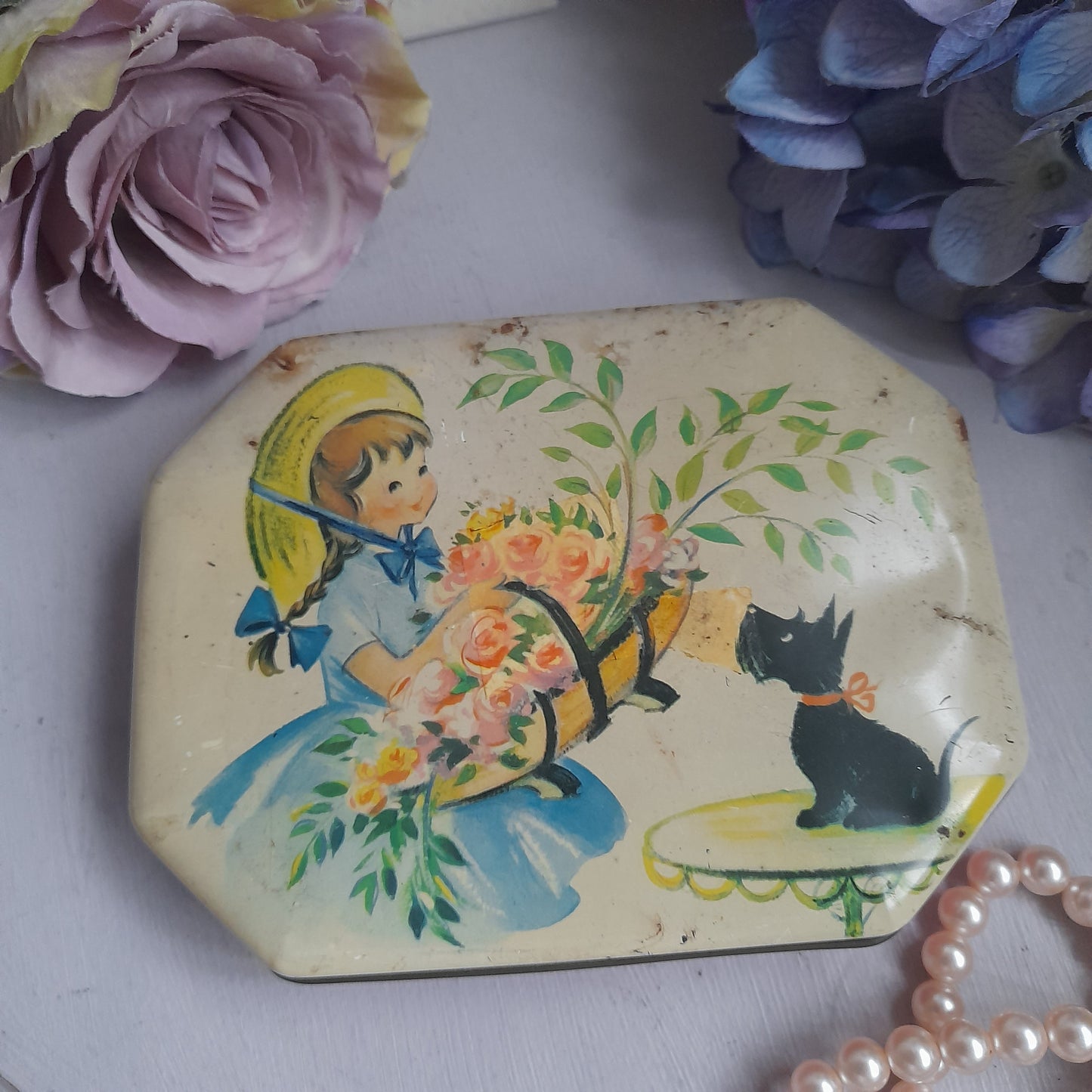 Sweet Retro Vintage Sweet Tin With Little Girl Carrying Flowers & Black Scotty Dog to Front
