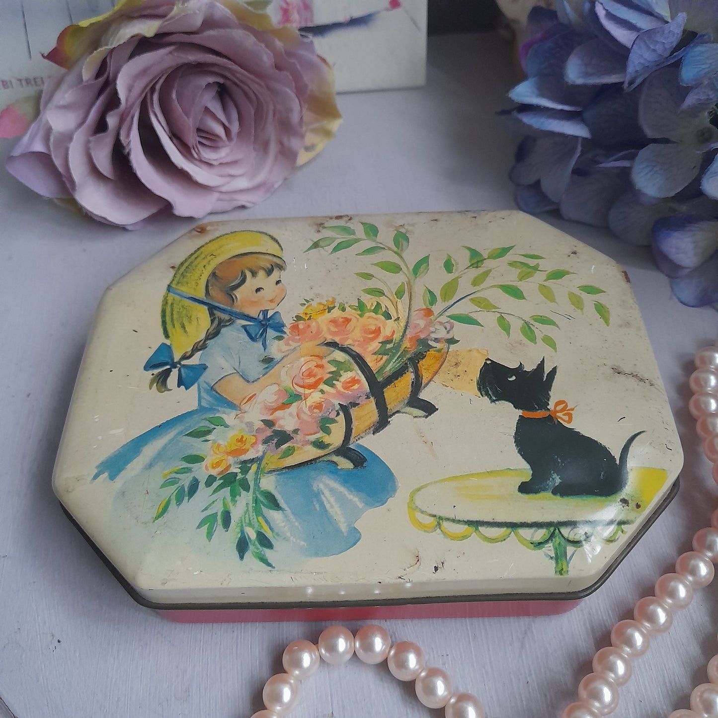 Sweet Retro Vintage Sweet Tin With Little Girl Carrying Flowers & Black Scotty Dog to Front