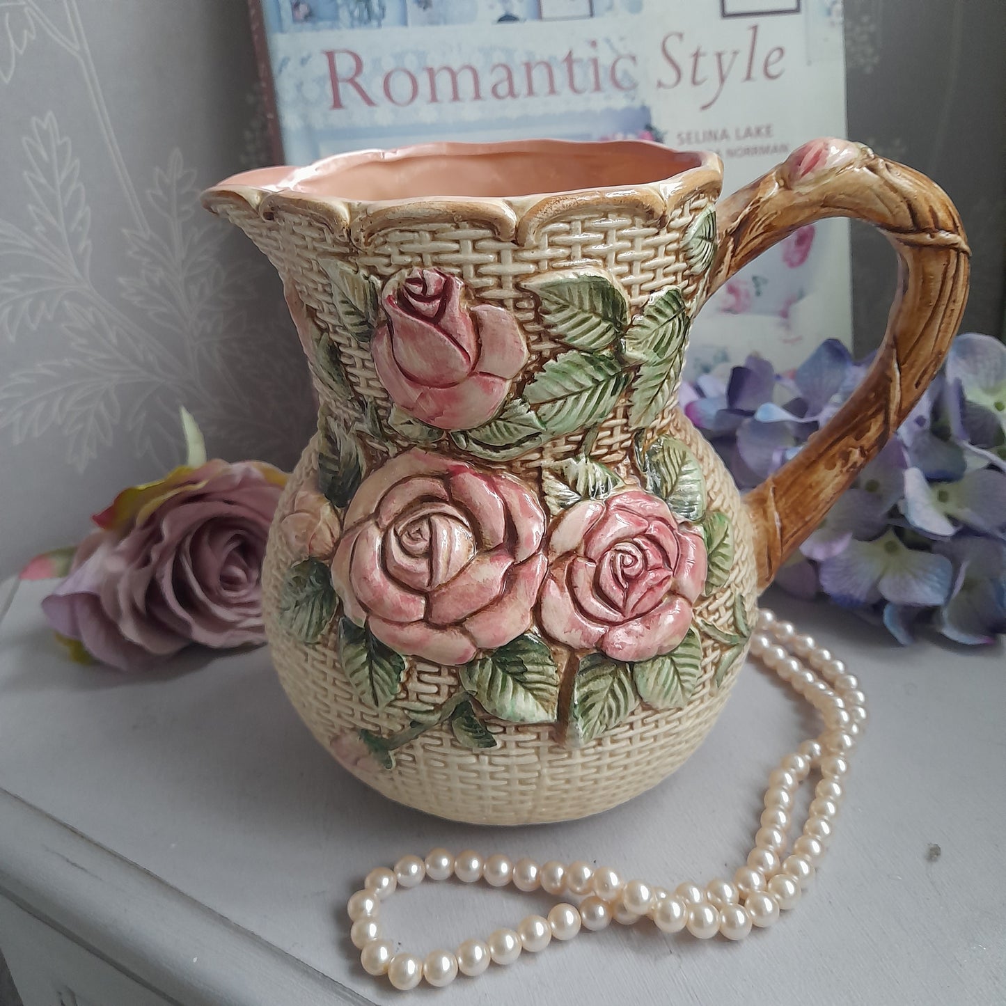Vintage Majolica Handpainted Jug With Raised Relief Pink Roses & Basket Weave