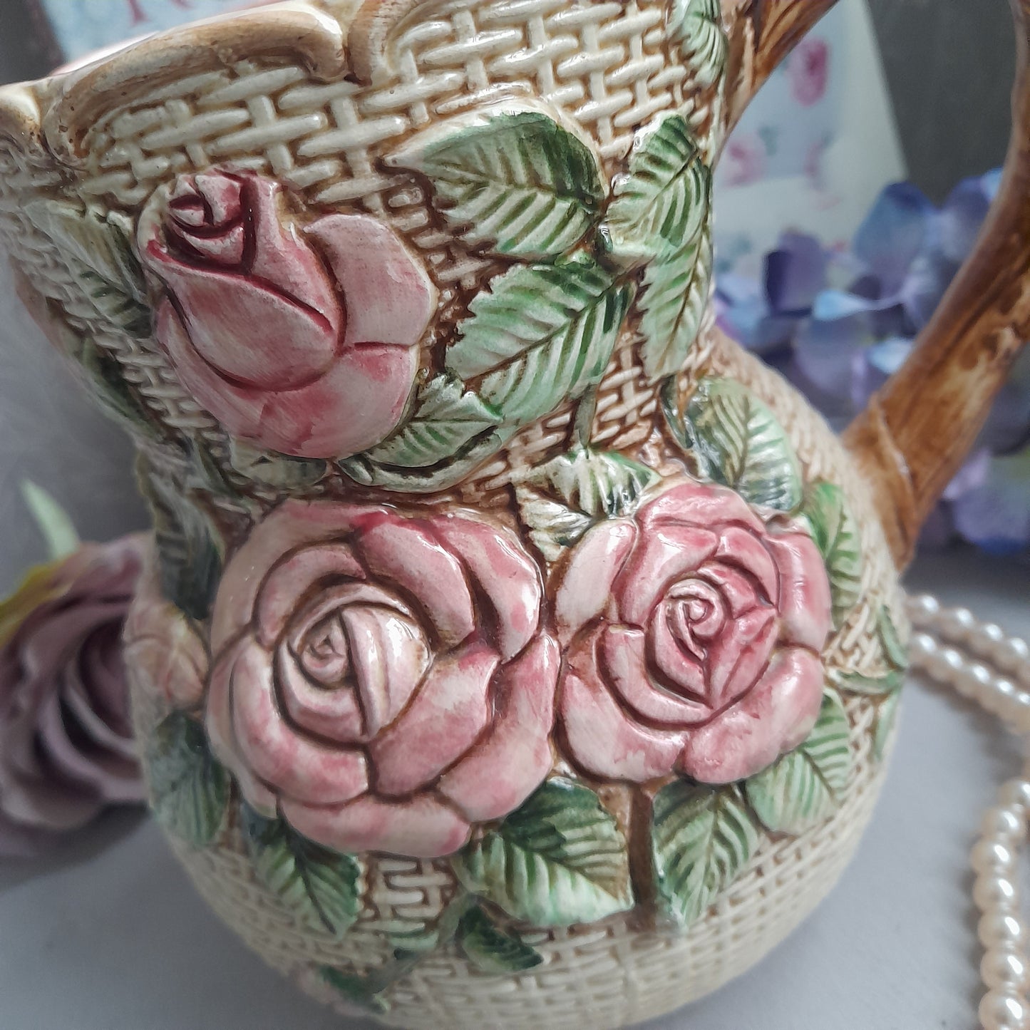 Vintage Majolica Handpainted Jug With Raised Relief Pink Roses & Basket Weave
