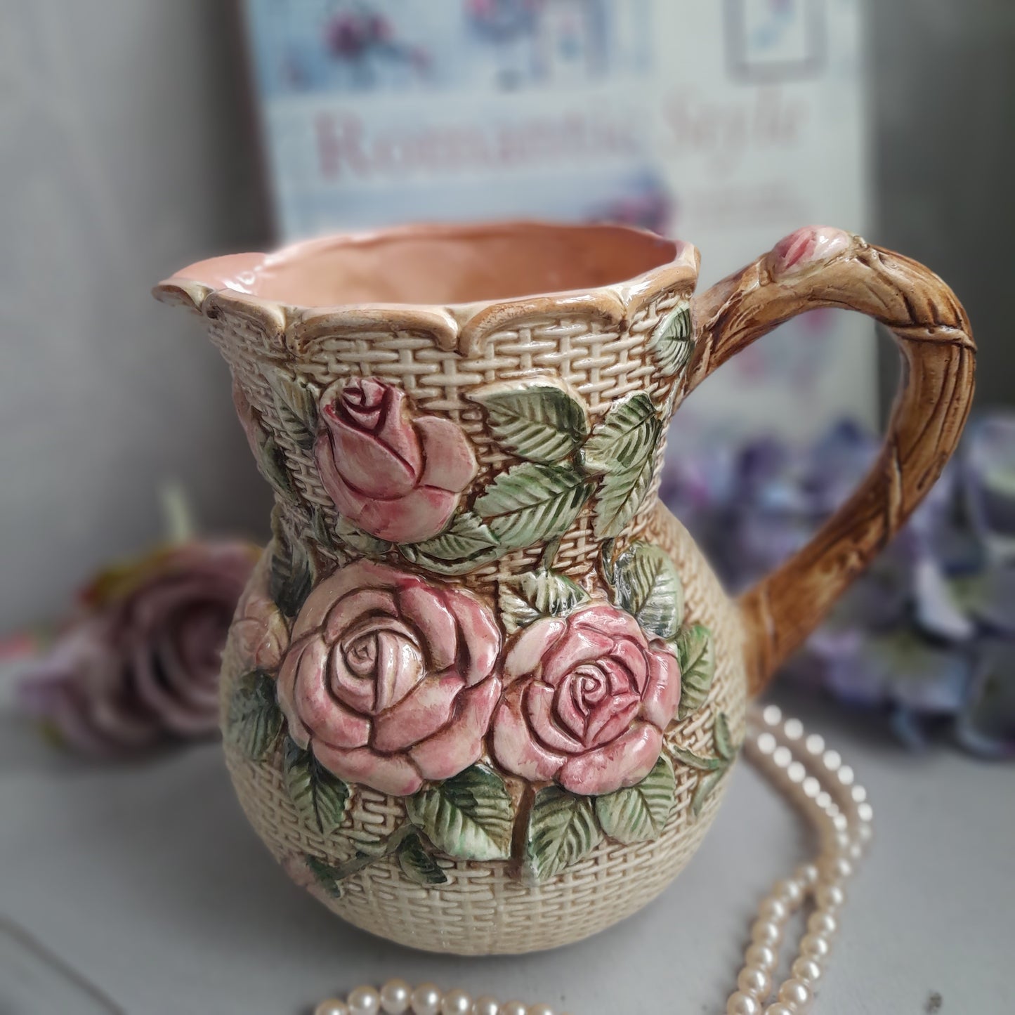 Vintage Majolica Handpainted Jug With Raised Relief Pink Roses & Basket Weave