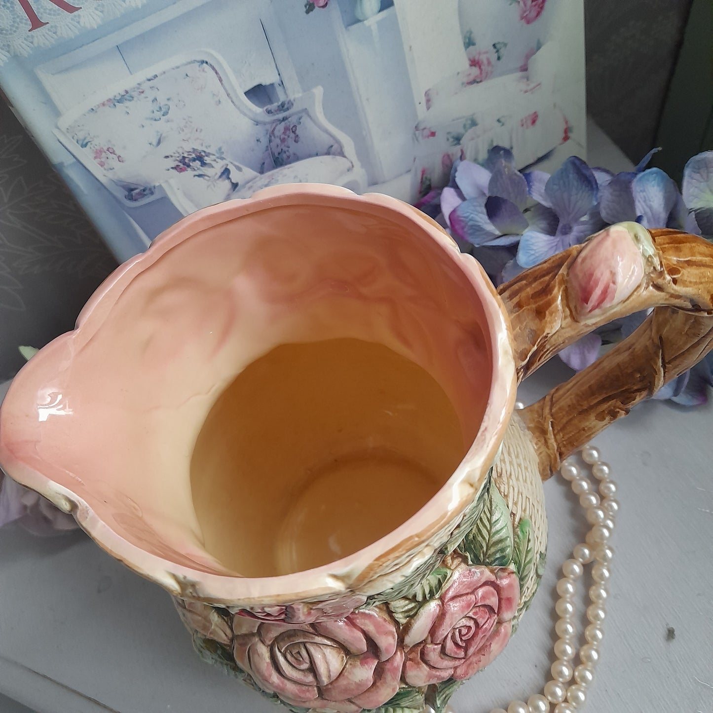 Vintage Majolica Handpainted Jug With Raised Relief Pink Roses & Basket Weave