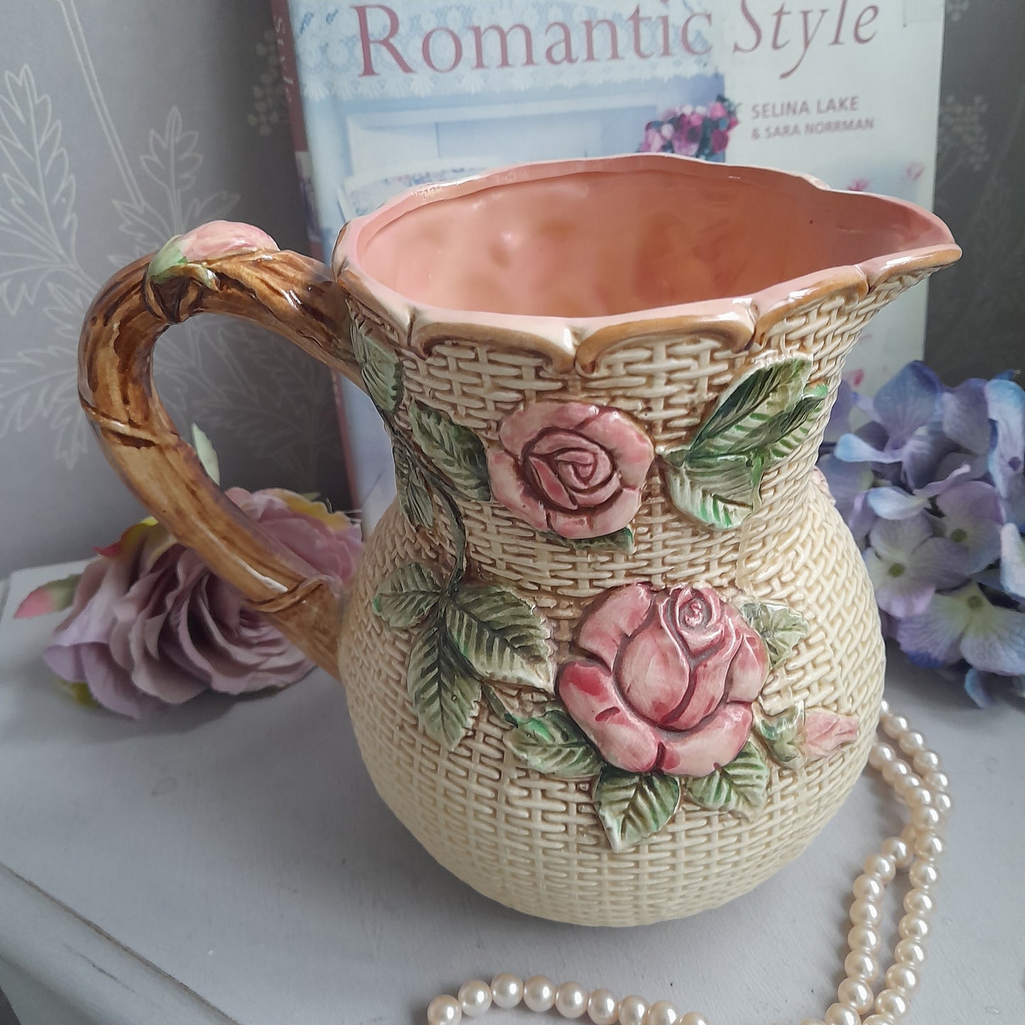 Vintage Majolica Handpainted Jug With Raised Relief Pink Roses & Basket Weave