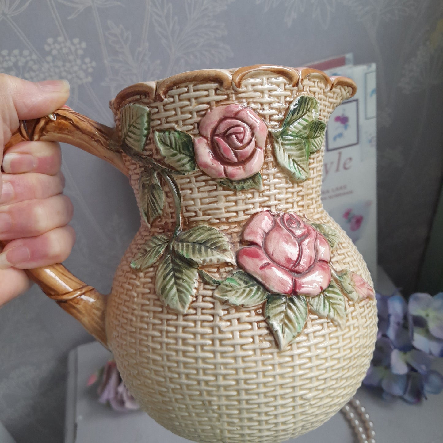 Vintage Majolica Handpainted Jug With Raised Relief Pink Roses & Basket Weave