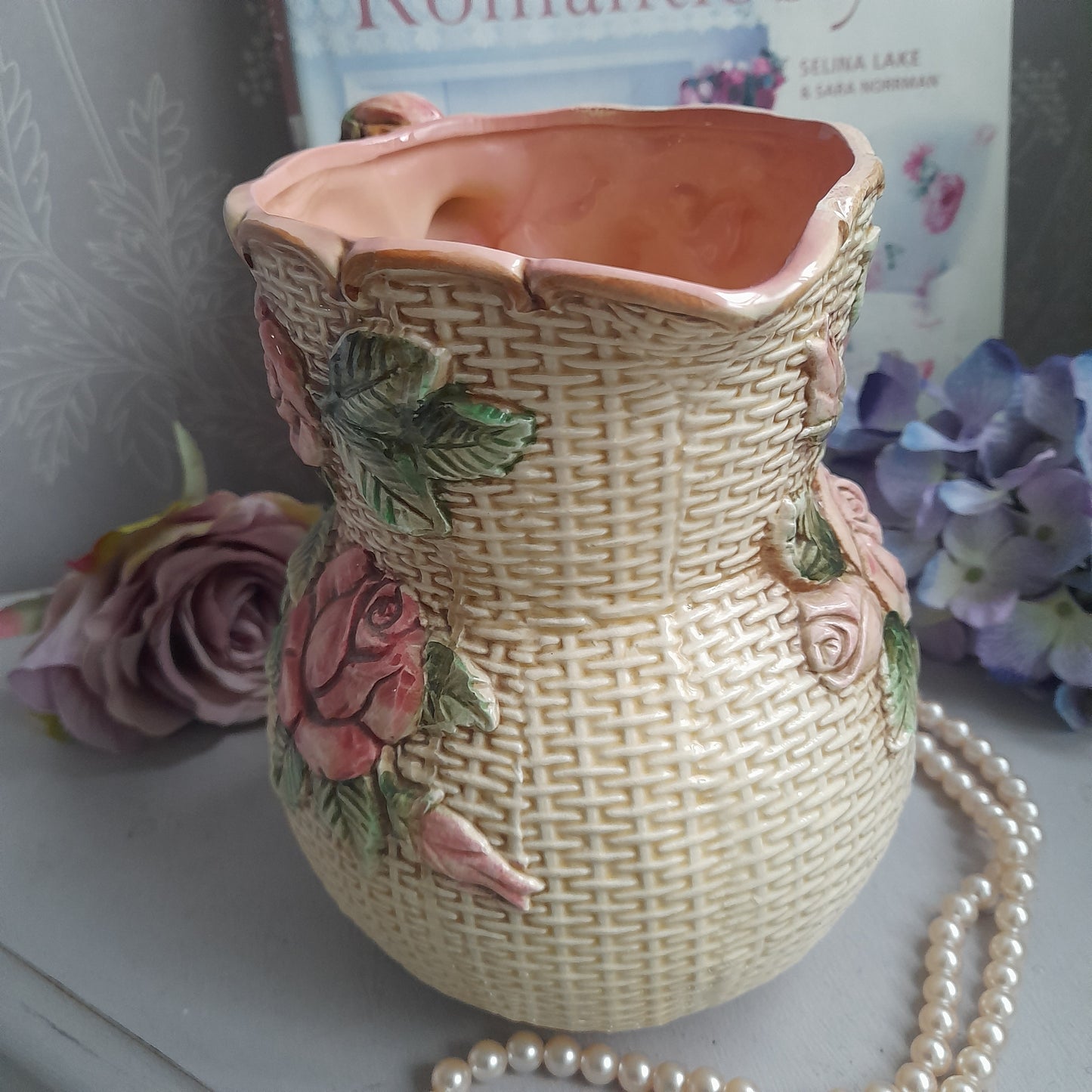 Vintage Majolica Handpainted Jug With Raised Relief Pink Roses & Basket Weave