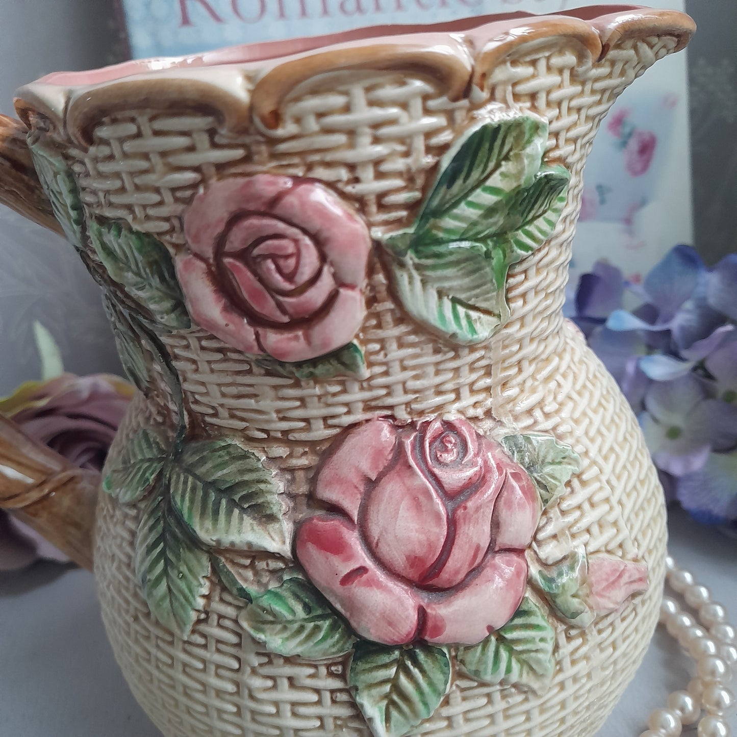 Vintage Majolica Handpainted Jug With Raised Relief Pink Roses & Basket Weave