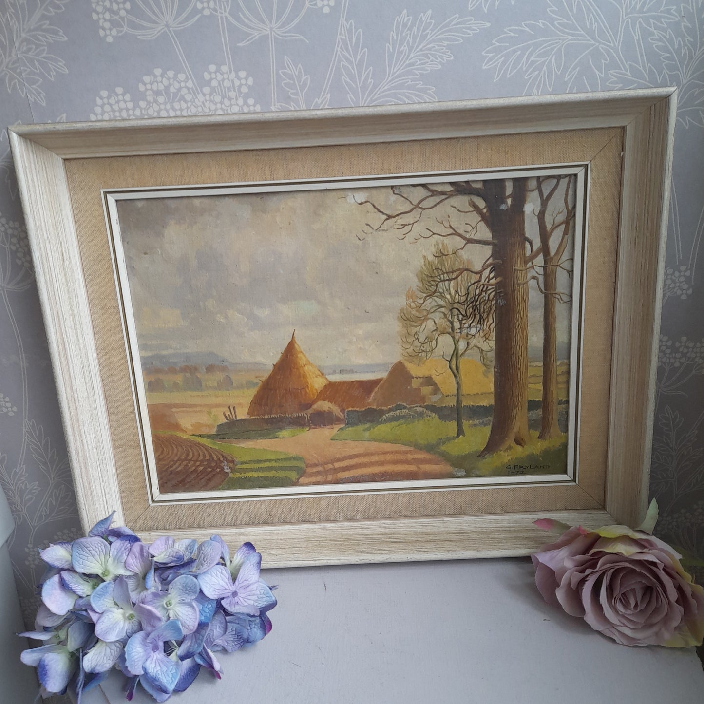 Darling Original Vintage Oil Painting of Haystacks Framed & Signed