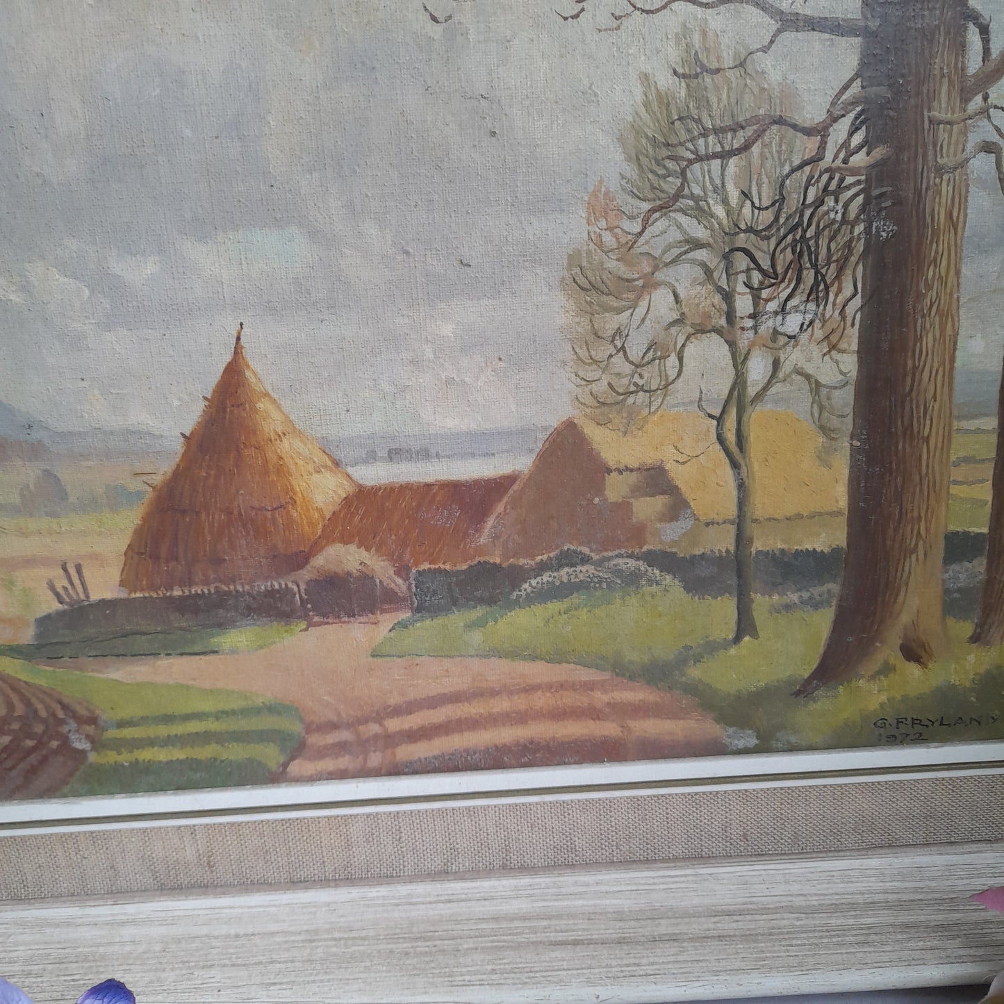 Darling Original Vintage Oil Painting of Haystacks Framed & Signed