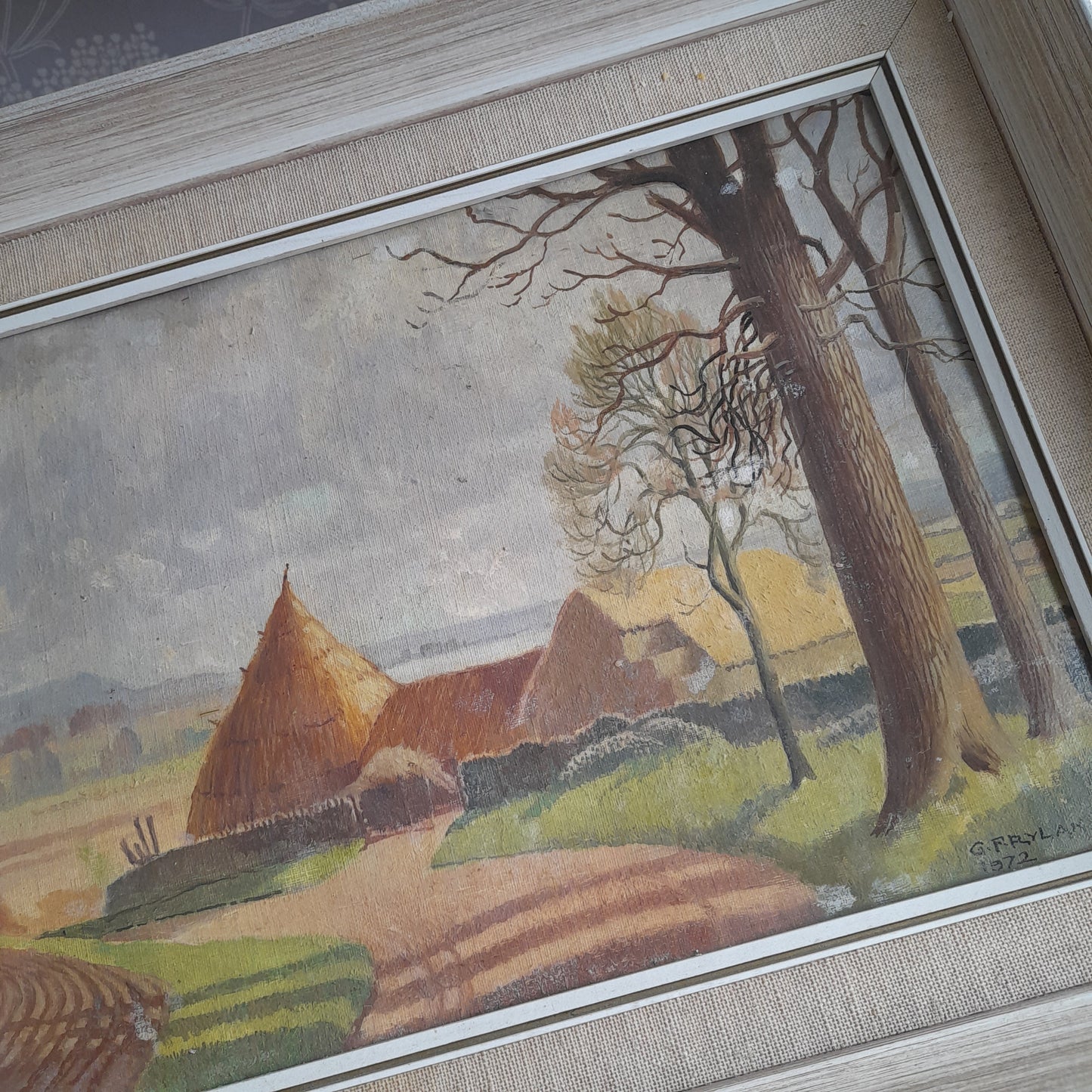 Darling Original Vintage Oil Painting of Haystacks Framed & Signed