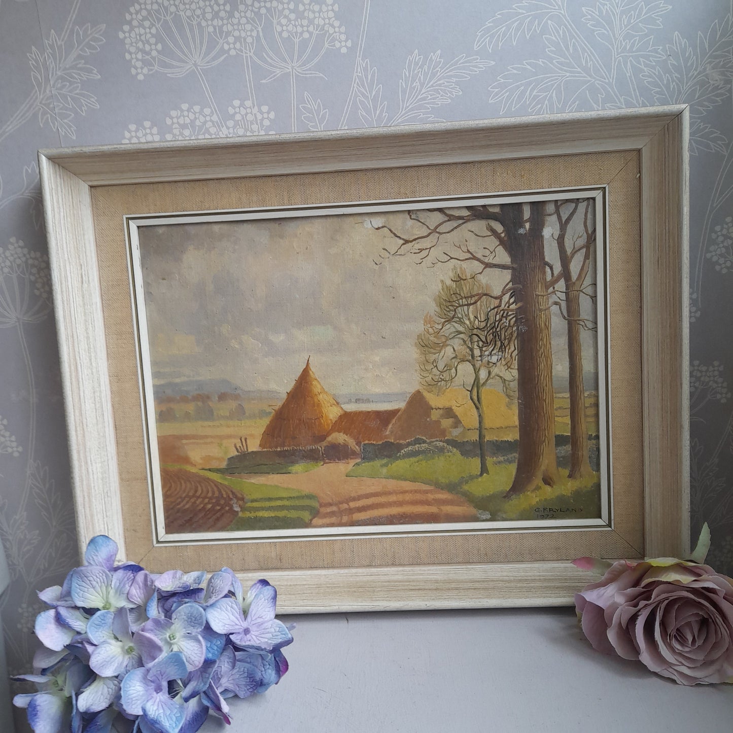 Darling Original Vintage Oil Painting of Haystacks Framed & Signed