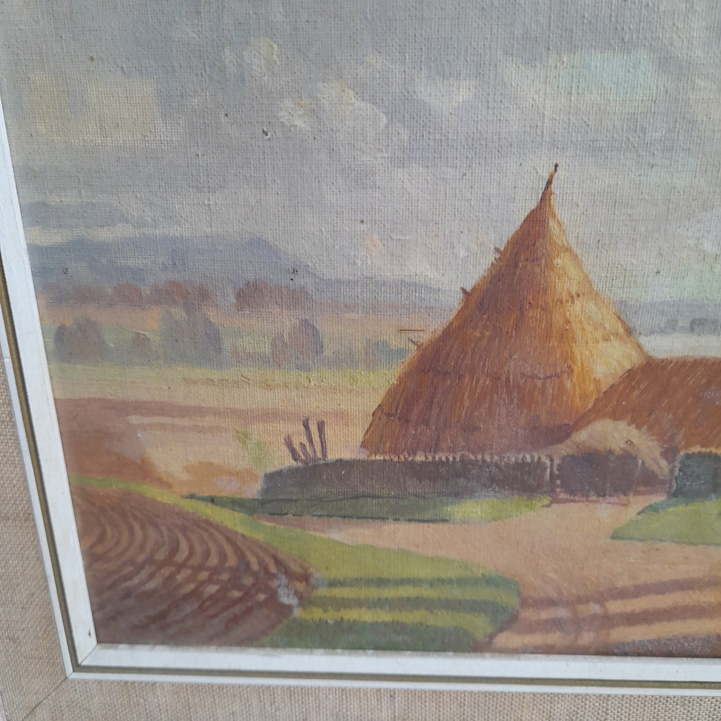 Darling Original Vintage Oil Painting of Haystacks Framed & Signed