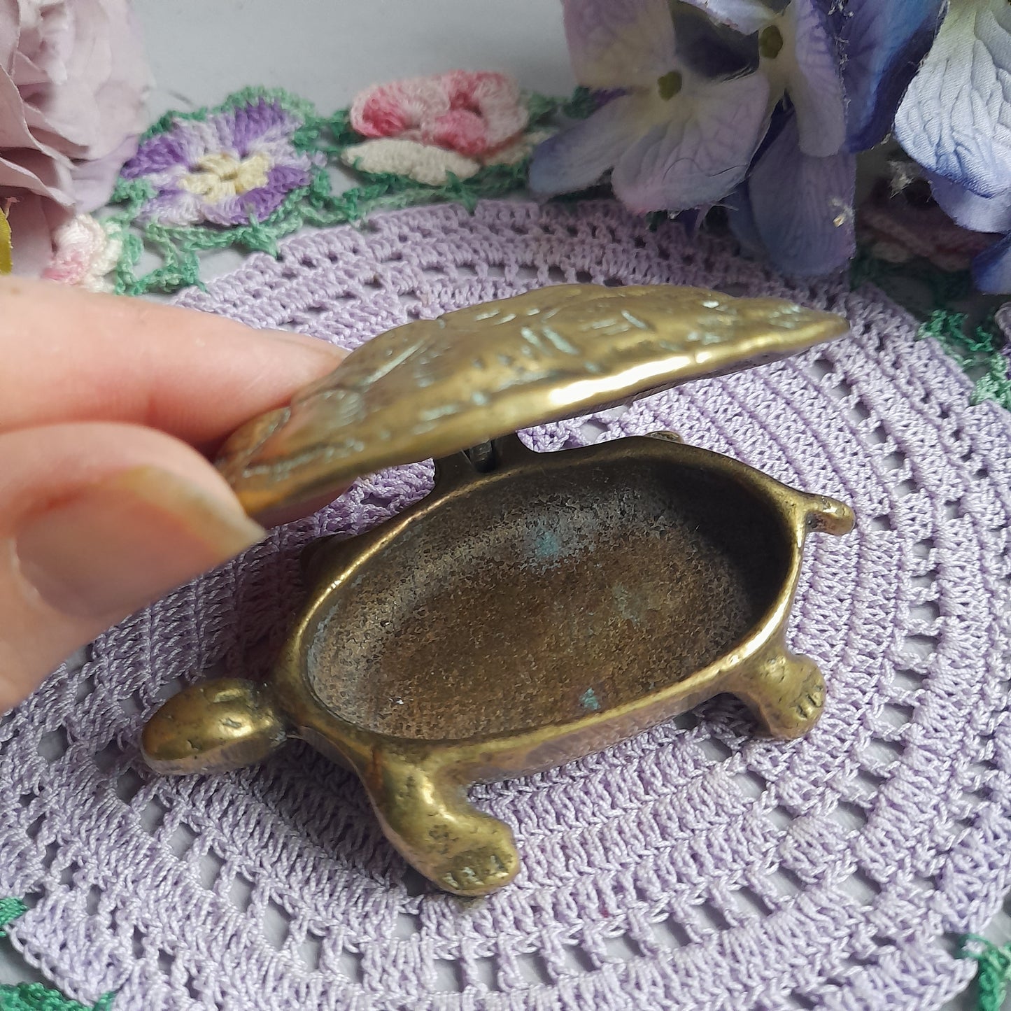 Vintage Brass Tortoise Trinket Ashtray Hinged Box