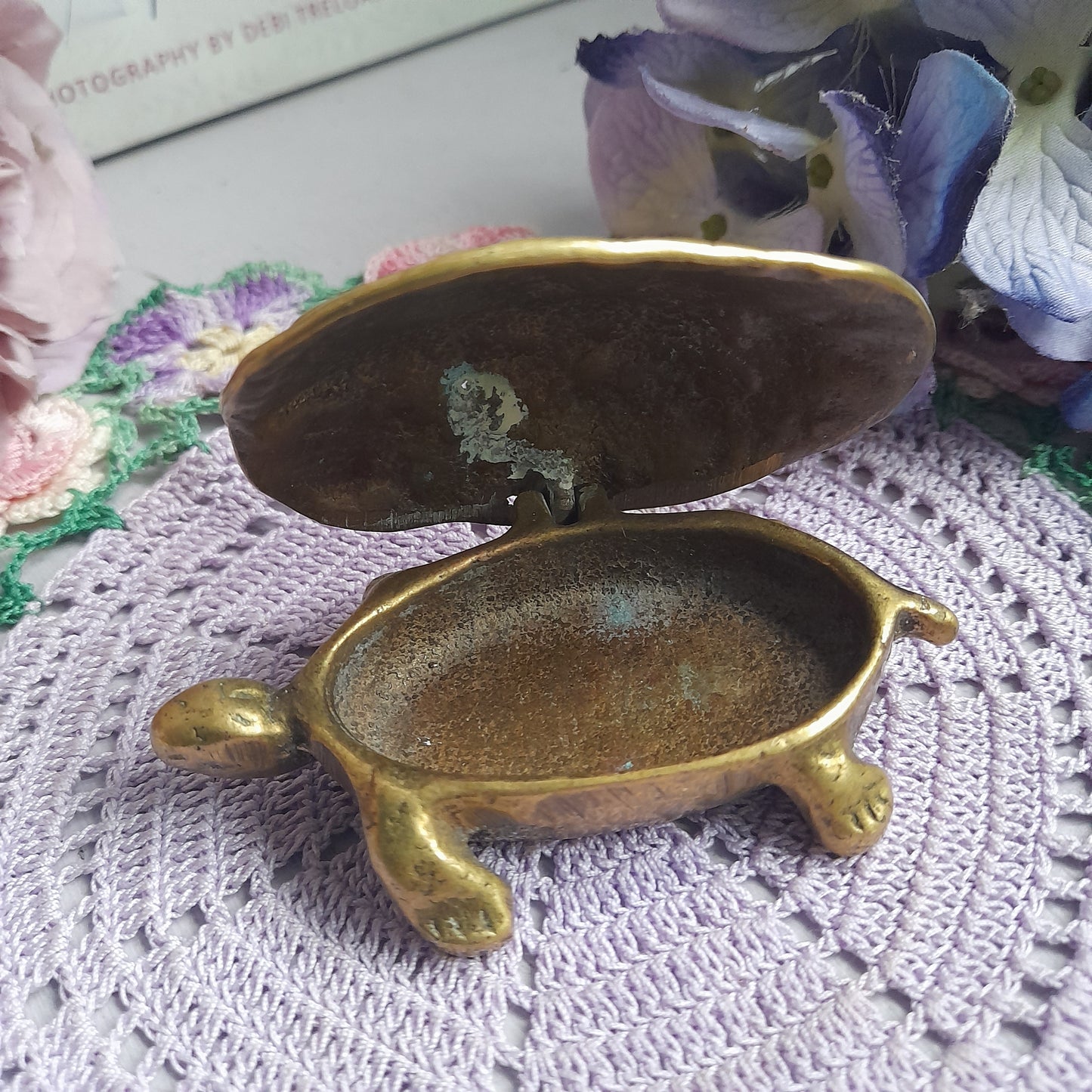 Vintage Brass Tortoise Trinket Ashtray Hinged Box
