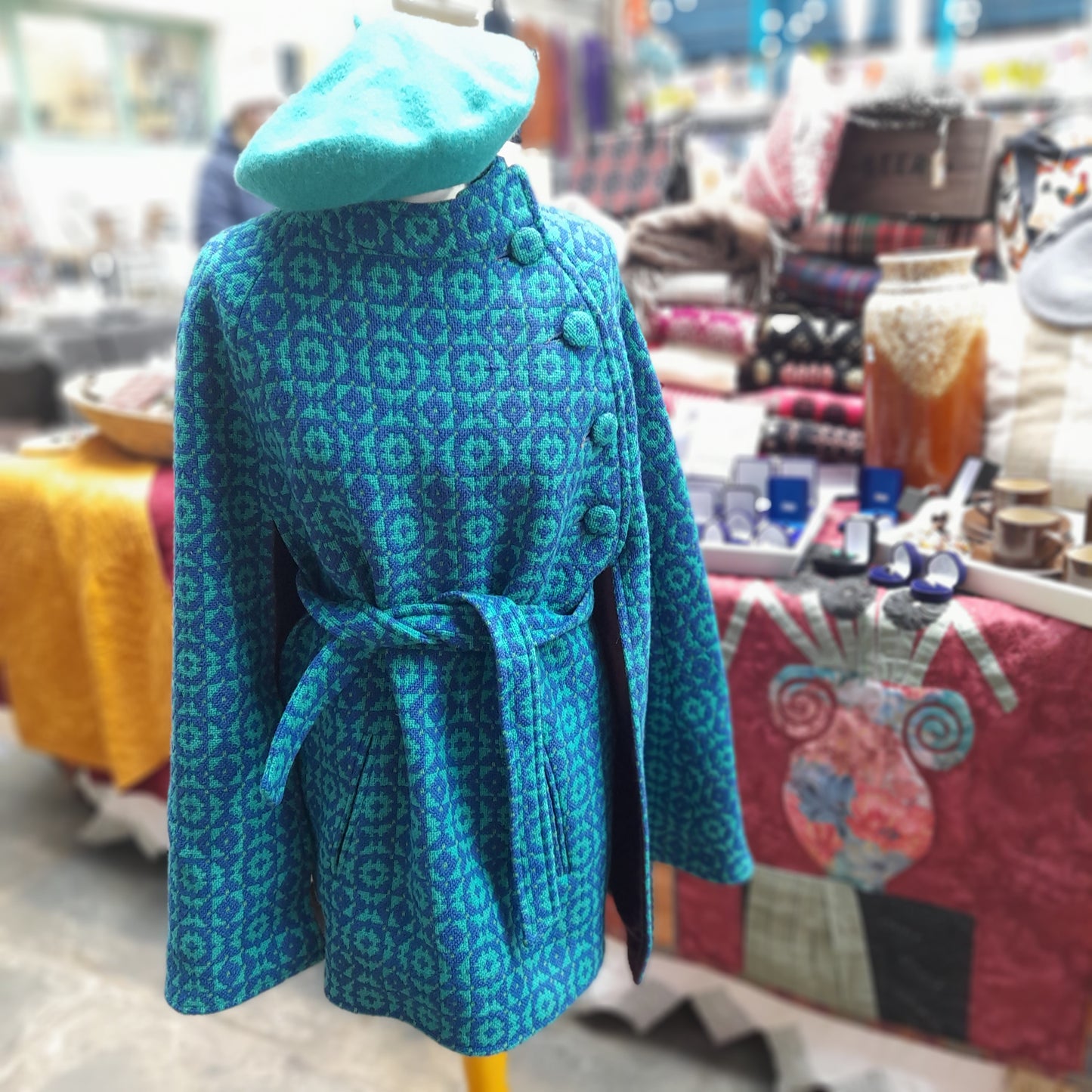 Vintage Welsh Wool Tapestry Cape in Bright Blue Green