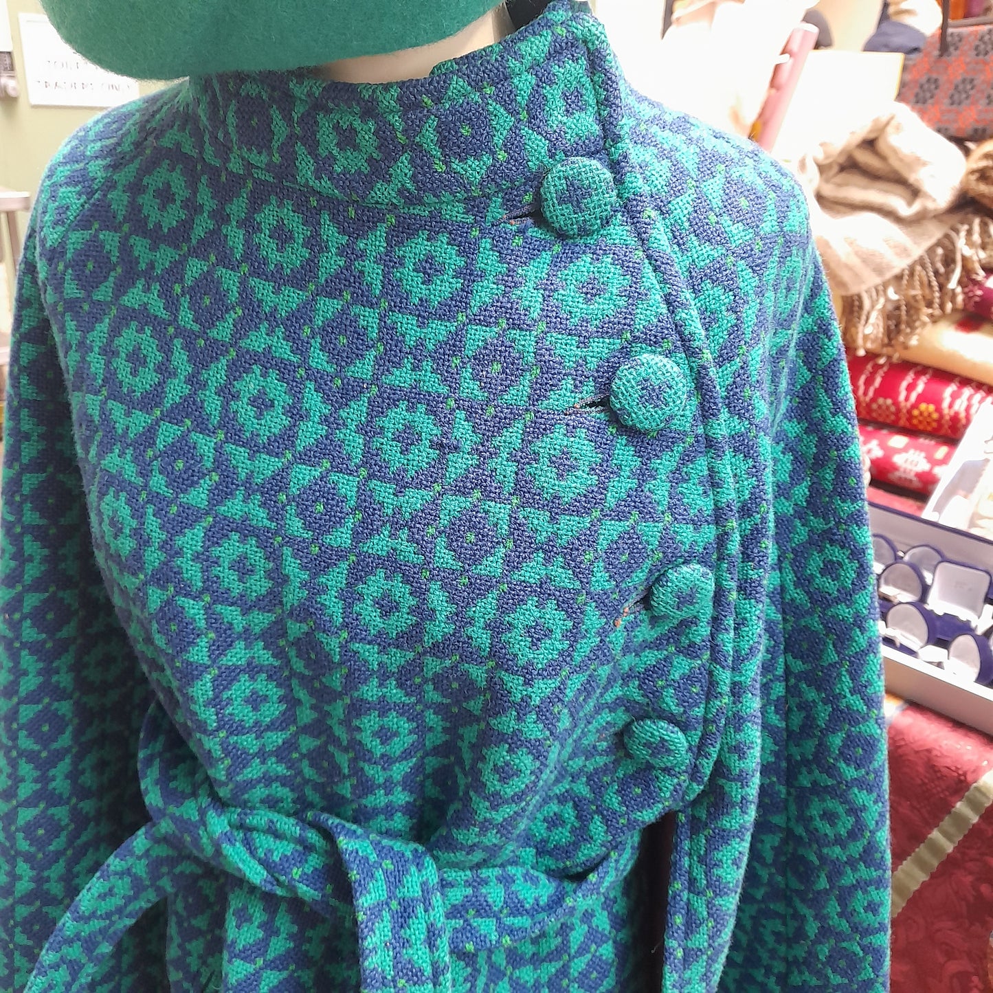 Vintage Welsh Wool Tapestry Cape in Bright Blue Green