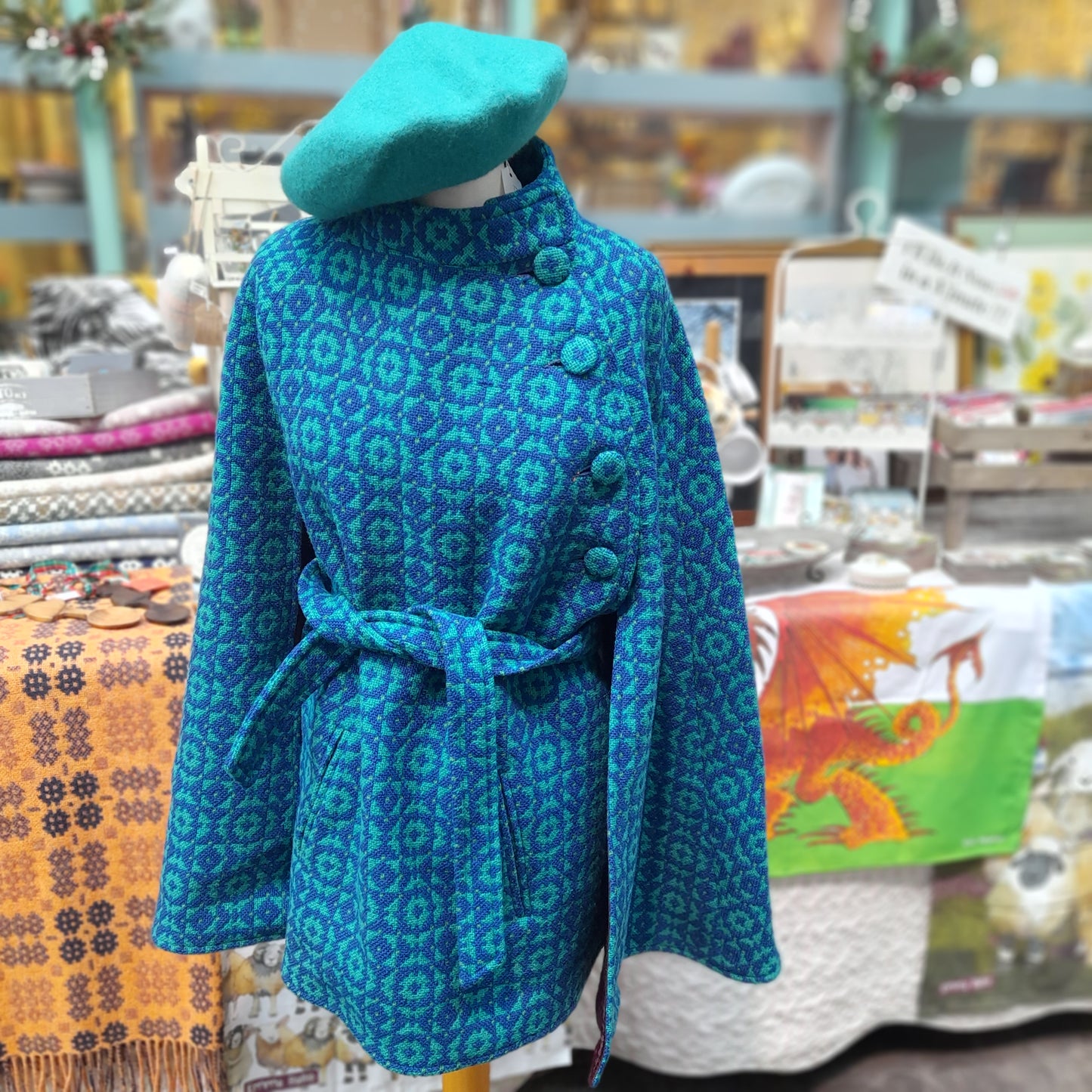 Vintage Welsh Wool Tapestry Cape in Bright Blue Green