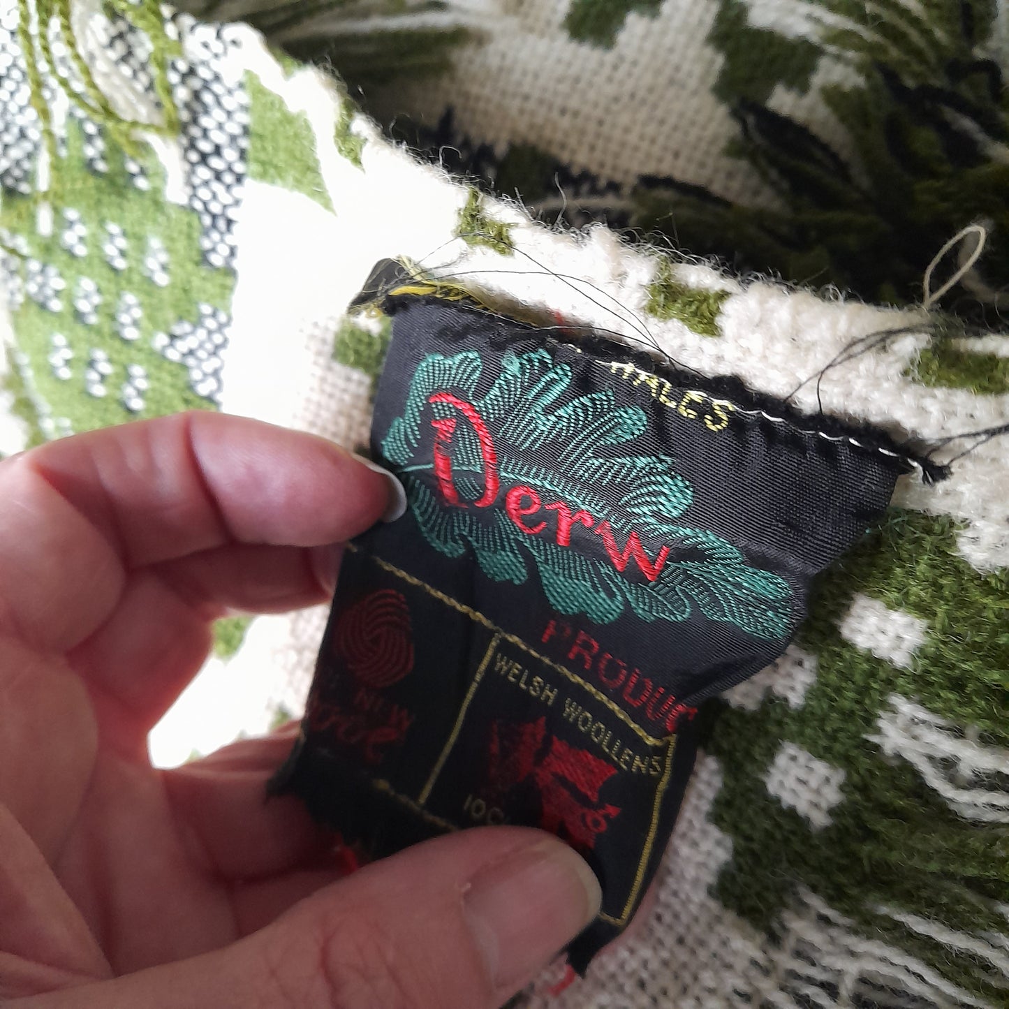 Vintage Welsh Wool Tapestry Blanket in Olive Green