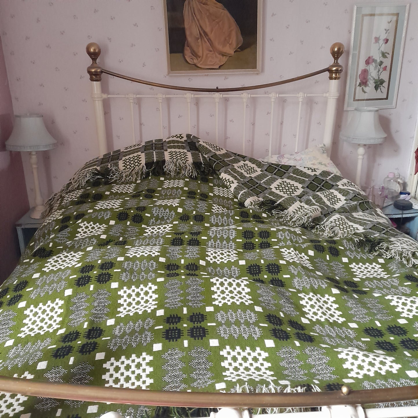 Vintage Welsh Wool Tapestry Blanket in Olive Green