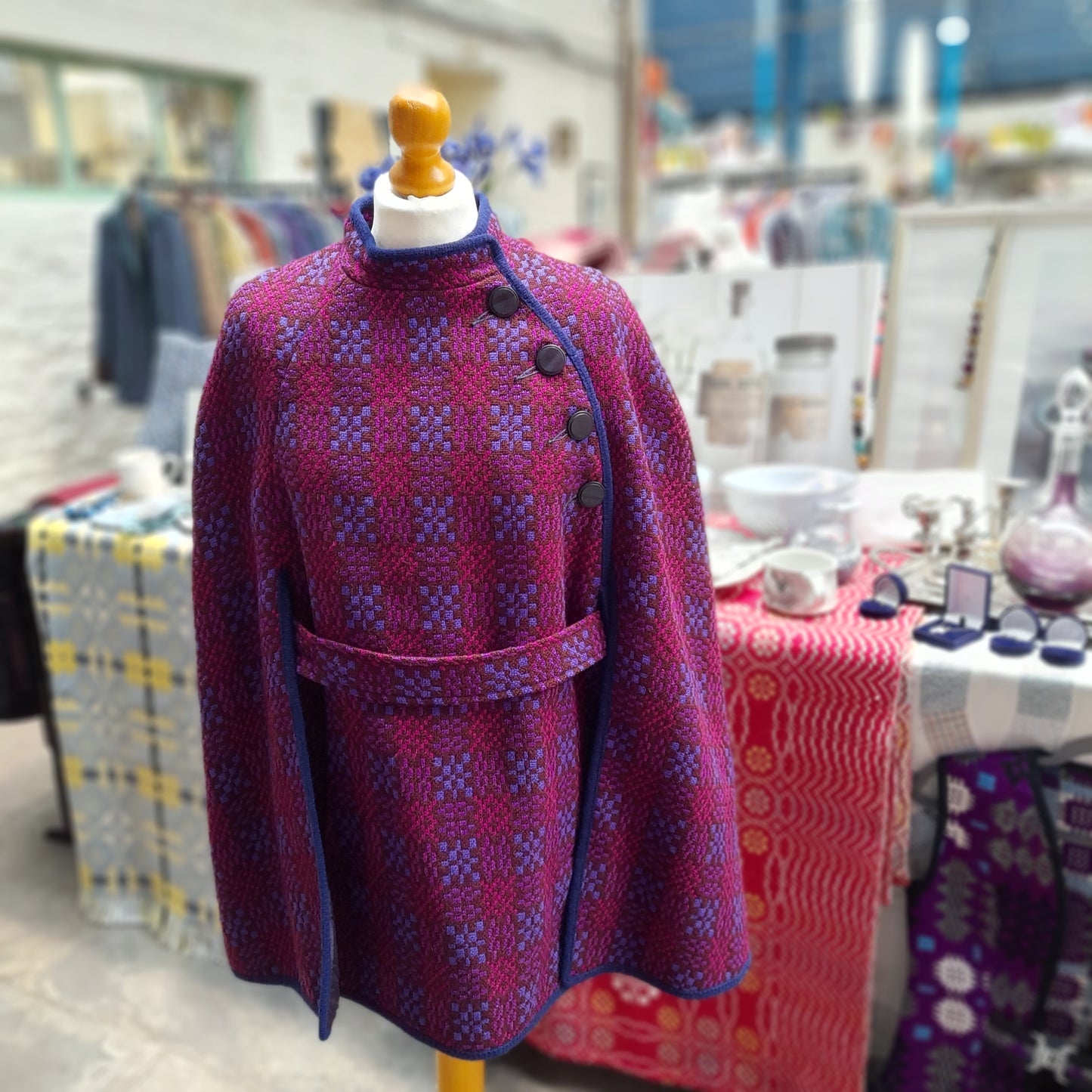 Vintage Welsh Wool Tapestry Cape in Purple Shades