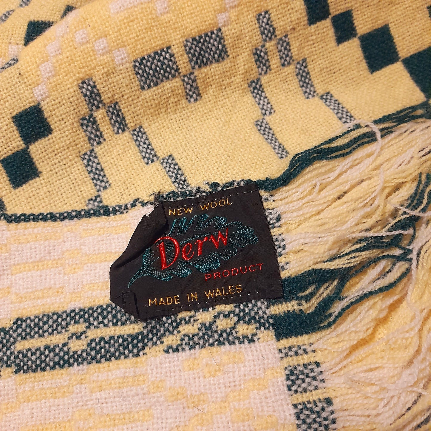 Vintage Welsh Blanket by Derw Mill in Daffodil Yellow & Green