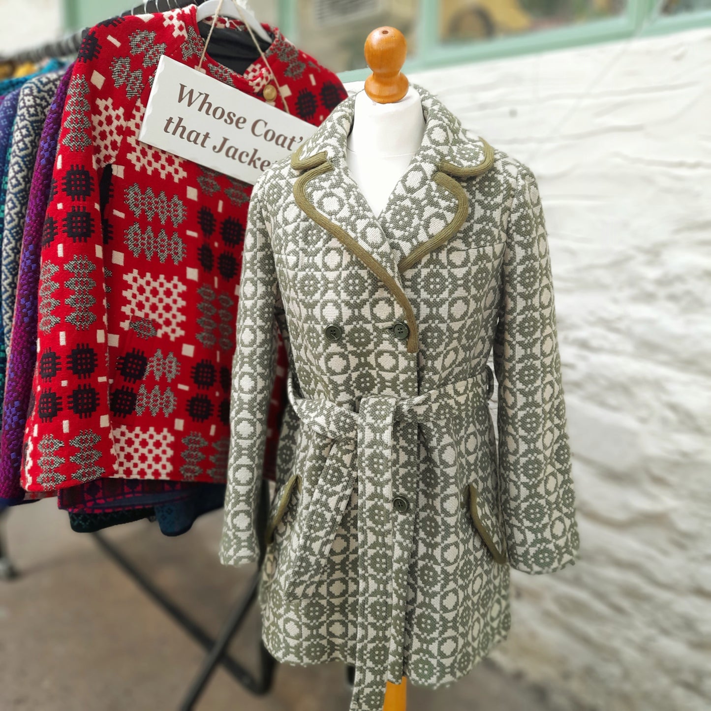 Vintage Welsh Wool Tapestry Belted Coat in Sage Green & Cream